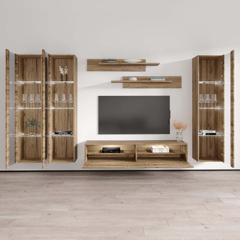 Modern Floating TV Stand with Storage & LED Lights - Wall-Mounted Entertainment Center for Bedroom & Living Room - Oak Wood TV Console with Shelves - Perfect for Small Spaces & Home Theater Setup