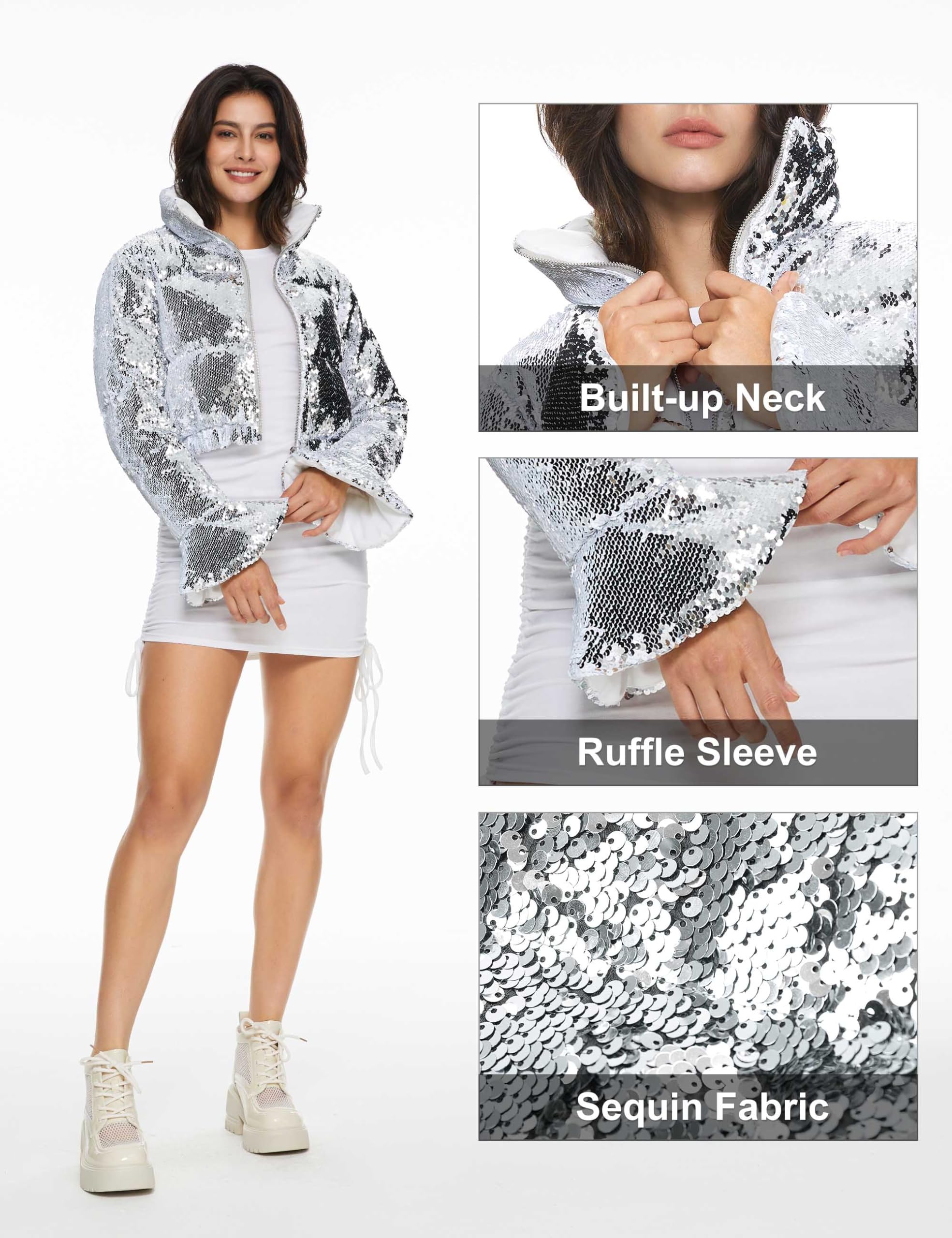 Orolay Women's Ultra Short Shiny Down Coat Sequin Puffer Jacket with Stand Collar - Warm Winter Fashion for Petite Ladies | Perfect for Parties, Date Nights & Holiday Outfits