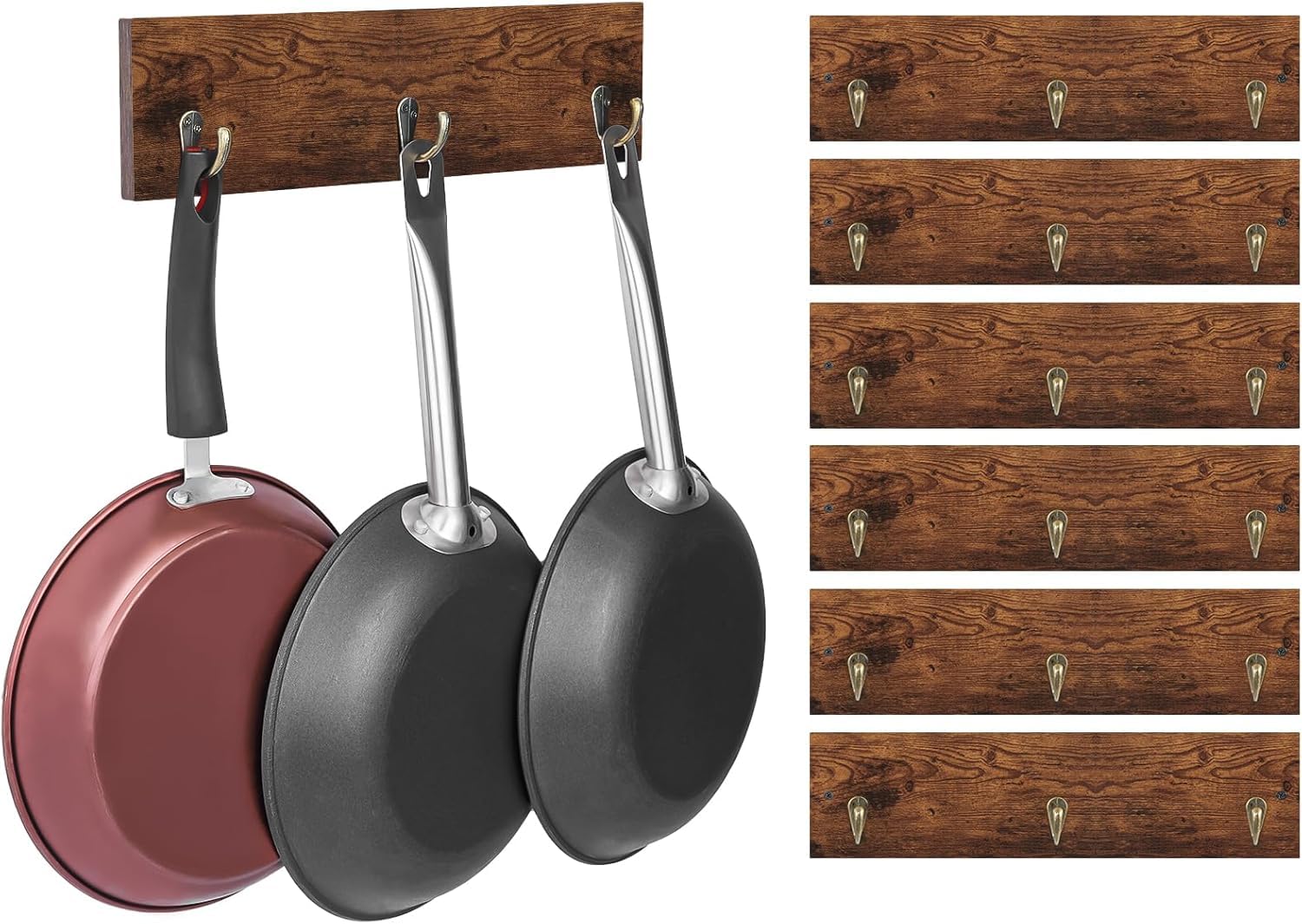 6 Pack Heavy Duty Retro Wall Mount Pot and Pan Organizer - Rustic Brown Wooden Hanging Rack with 3 Hooks (15.35