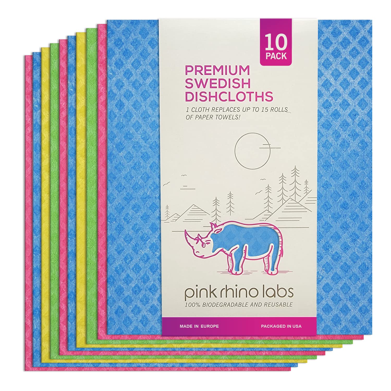 PINK RHINO LABS Swedish Dishcloths 10 Pack – Reusable Eco-Friendly Kitchen Towels for Cleaning, Drying Dishes | Paper Towel & Sponge Alternative | Perfect for Daily Kitchen Use & Sustainable Living