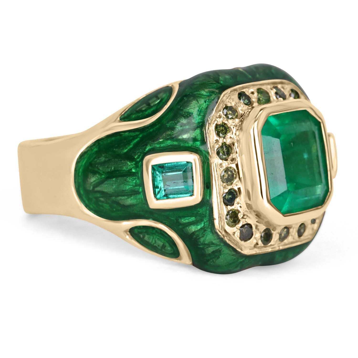 5.30 Carat Colombian Emerald & Diamond Men's Ring in 14K Gold with Enamel - Luxury Wedding Band, Anniversary Gift for Him, Perfect for Special Occasions
