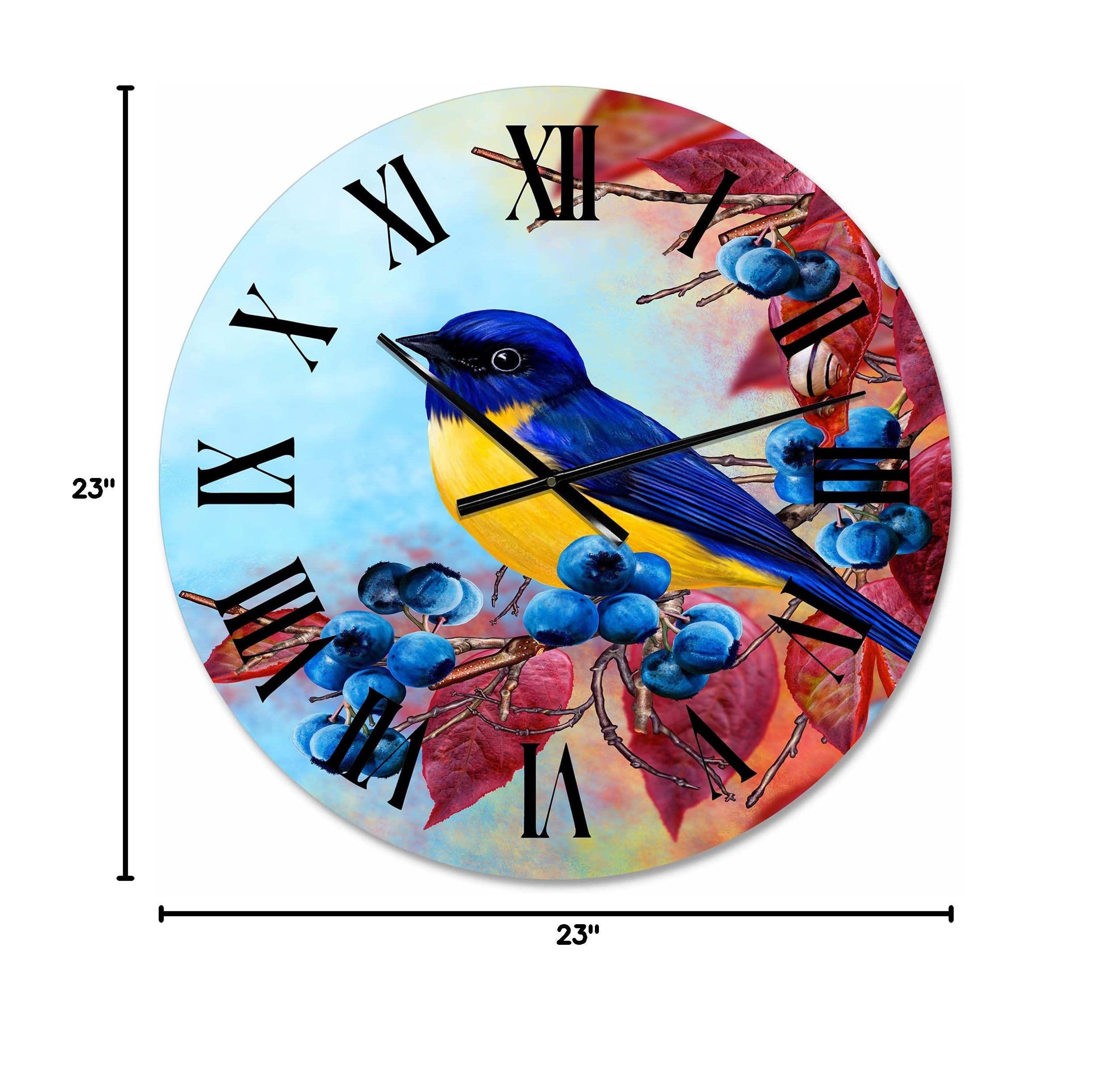 Bright Bird Bullfinch Sitting on Branch - Large Traditional Wall Clock for Living Room, Bedroom, Office Decor | Silent Non-Ticking, Battery Operated Home Décor