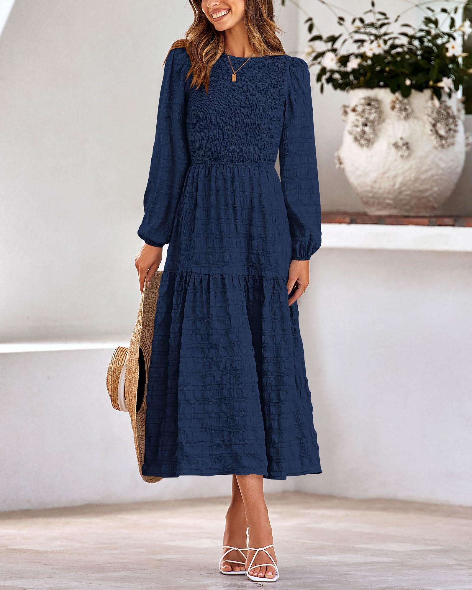 Dowerme Women's Boho Maxi Dress 2025 - Long Sleeve Smocked Tiered A-Line Flowy Wedding Party Dress for Spring | Perfect for Beach Weddings, Garden Parties & Special Occasions