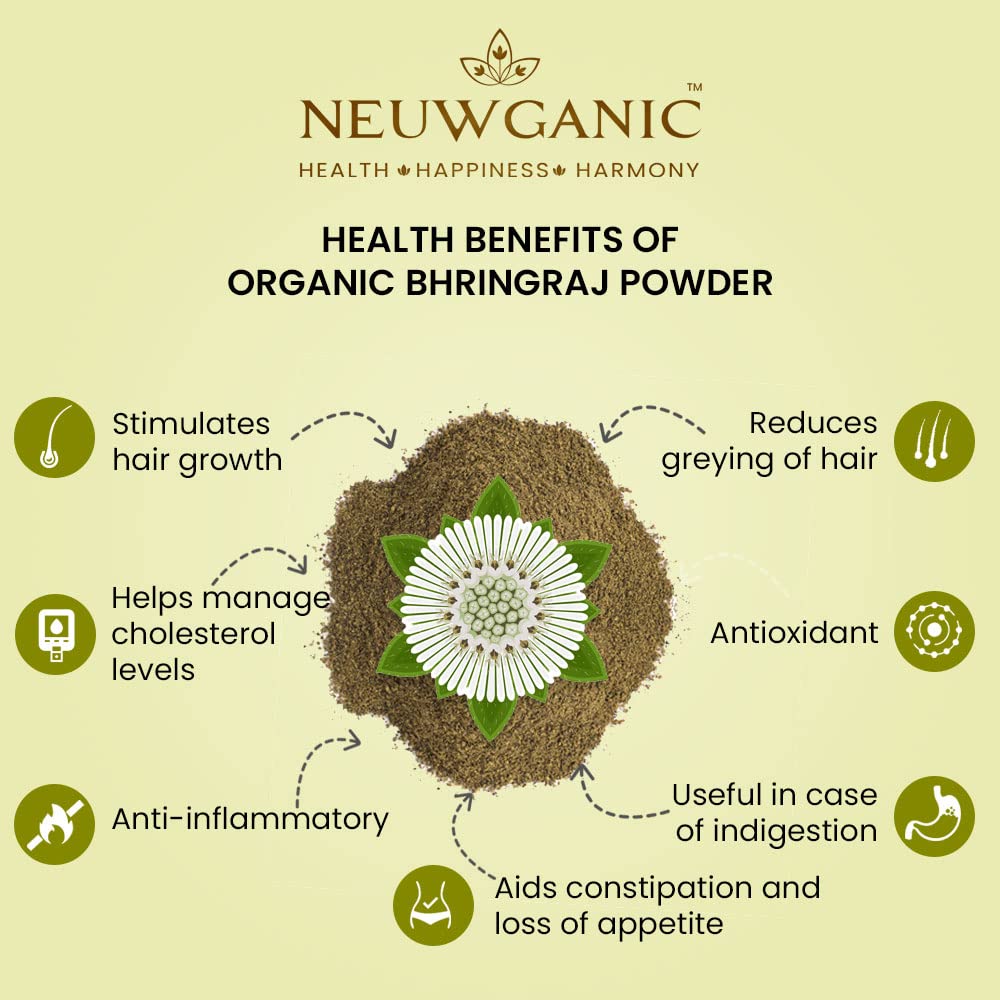 Neuwganic Organic Bhringraj Powder - USDA & India Organic Certified - Promotes Hair Growth - 200g (Pack of 1) - Perfect for DIY Hair Masks & Herbal Hair Oil Treatments