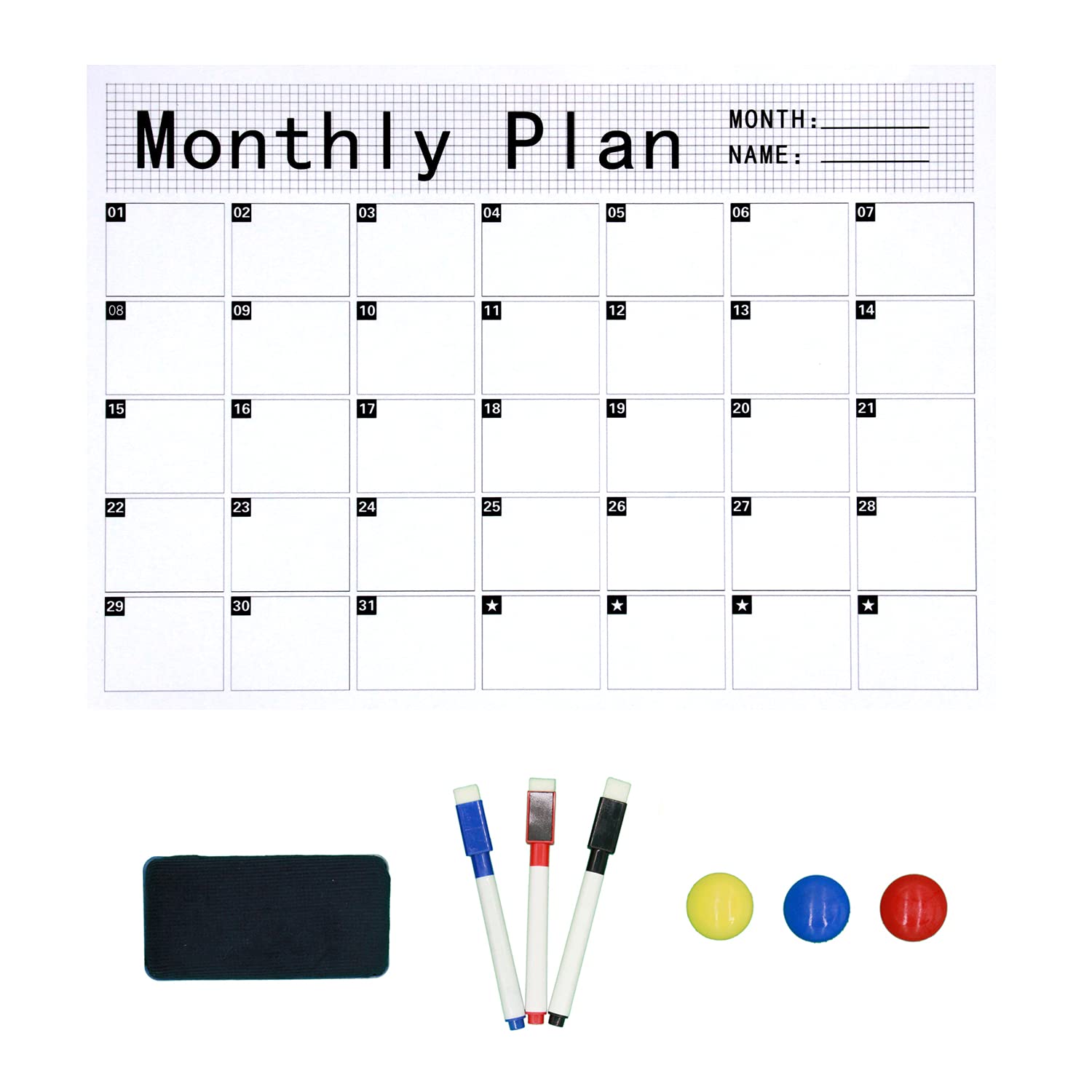 FALLMIYA Magnetic Refrigerator Calendar Planner - Reusable Whiteboard with 3 Magnetic Markers, 1 Eraser & 3 Nails - Perfect for Kitchen Organization, Meal Planning & Family Schedules