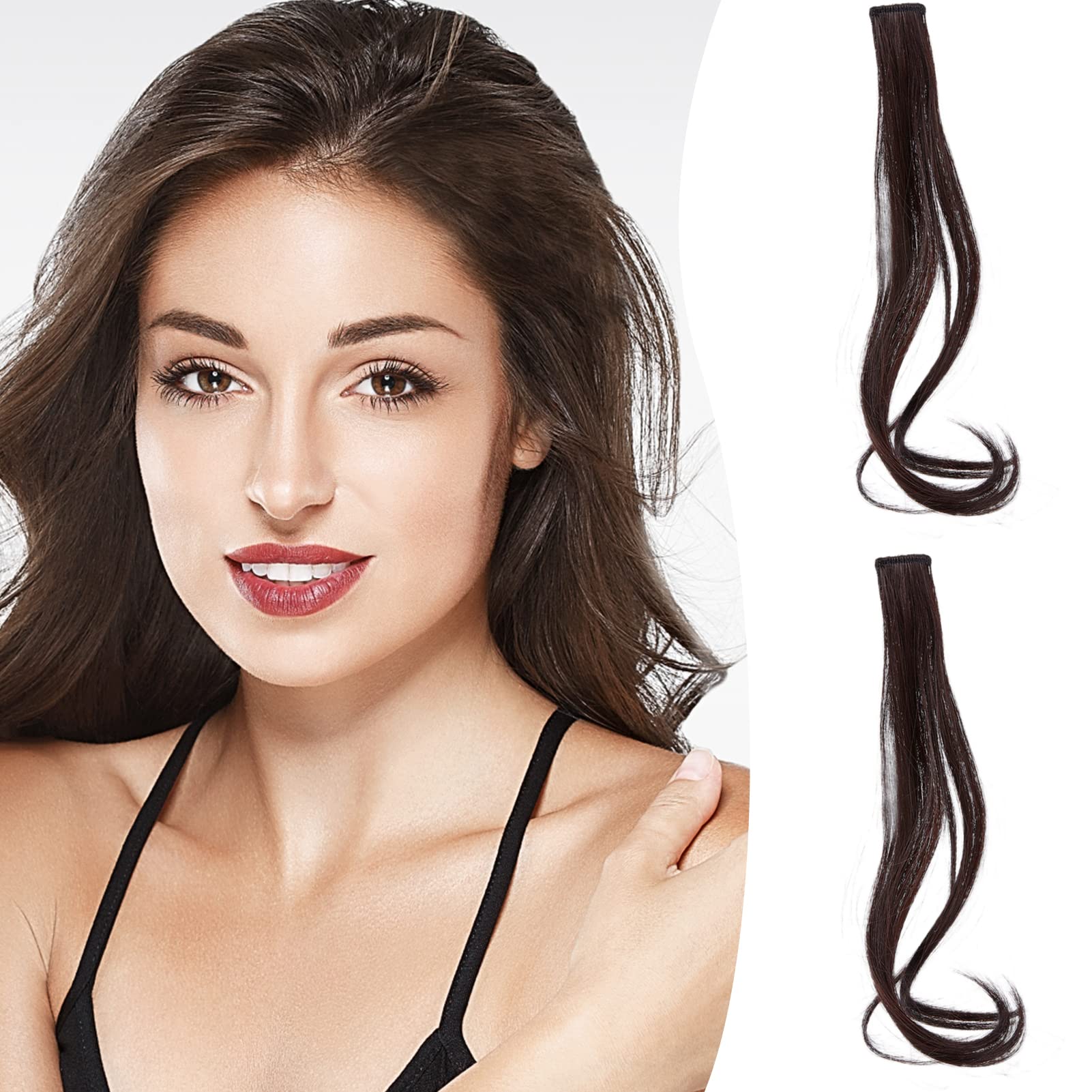 Natural Wave Fringe Hair Extension Clips for Women & Girls - 2PCS Human Curly Hair Bangs Clips with Long Front Side Bangs - Perfect for Daily Wear, Cosplay & Styling (Brown)