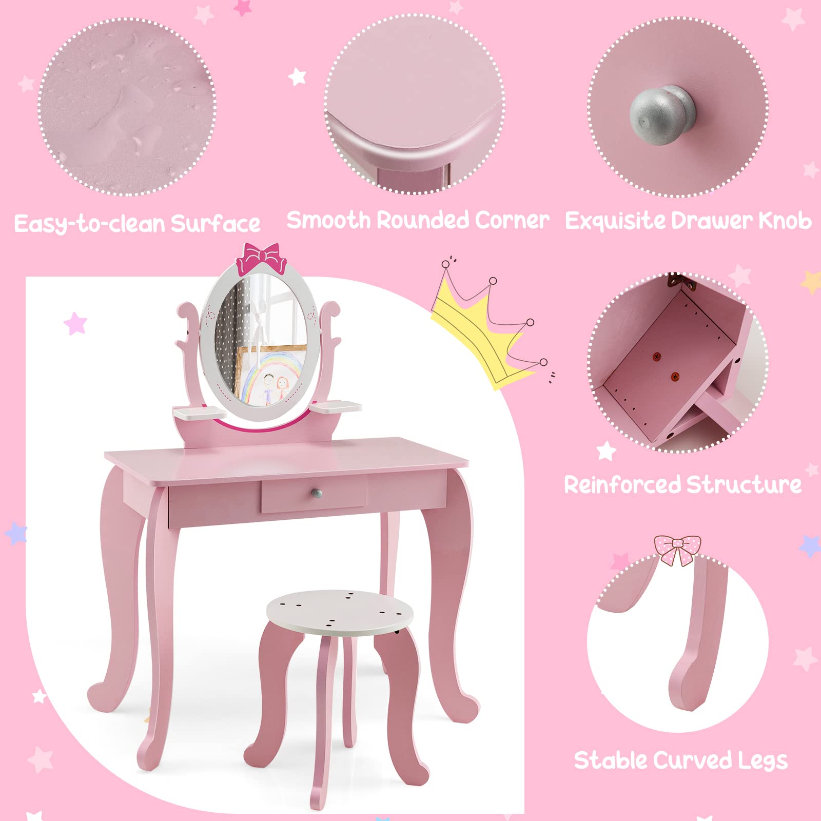 KOTEK 2-in-1 Kids Vanity with Rotating Mirror - Princess Dressing Table for Girls 3-7 - Playroom Decor