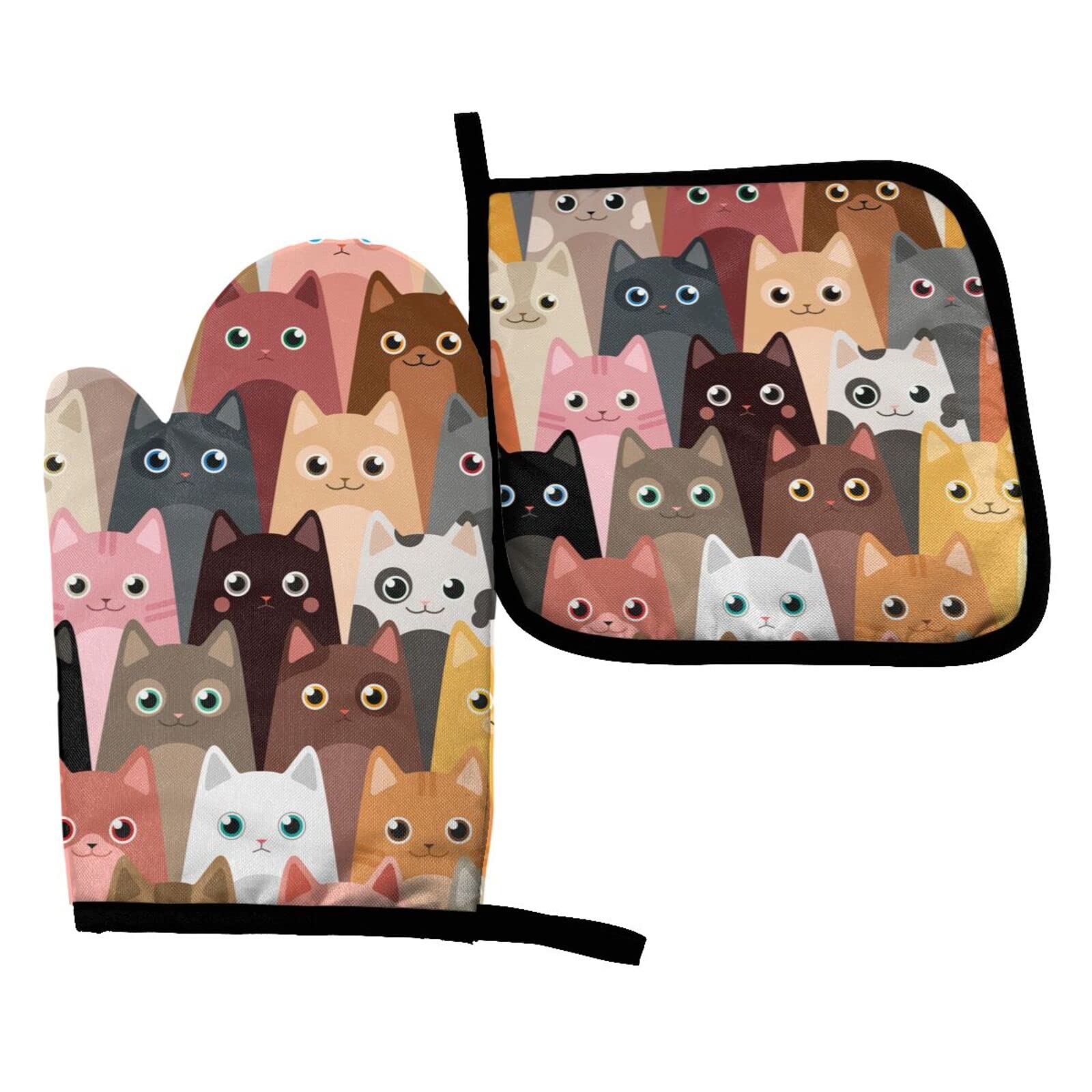Funny Cat Oven Mitts and Pot Holders Set - Heat Resistant Kitchen Gloves & Counter Mats for Cooking, Baking, BBQ, Grilling - Cute Kitten Design (2-Piece) - Perfect for Home Kitchen & Gift Giving