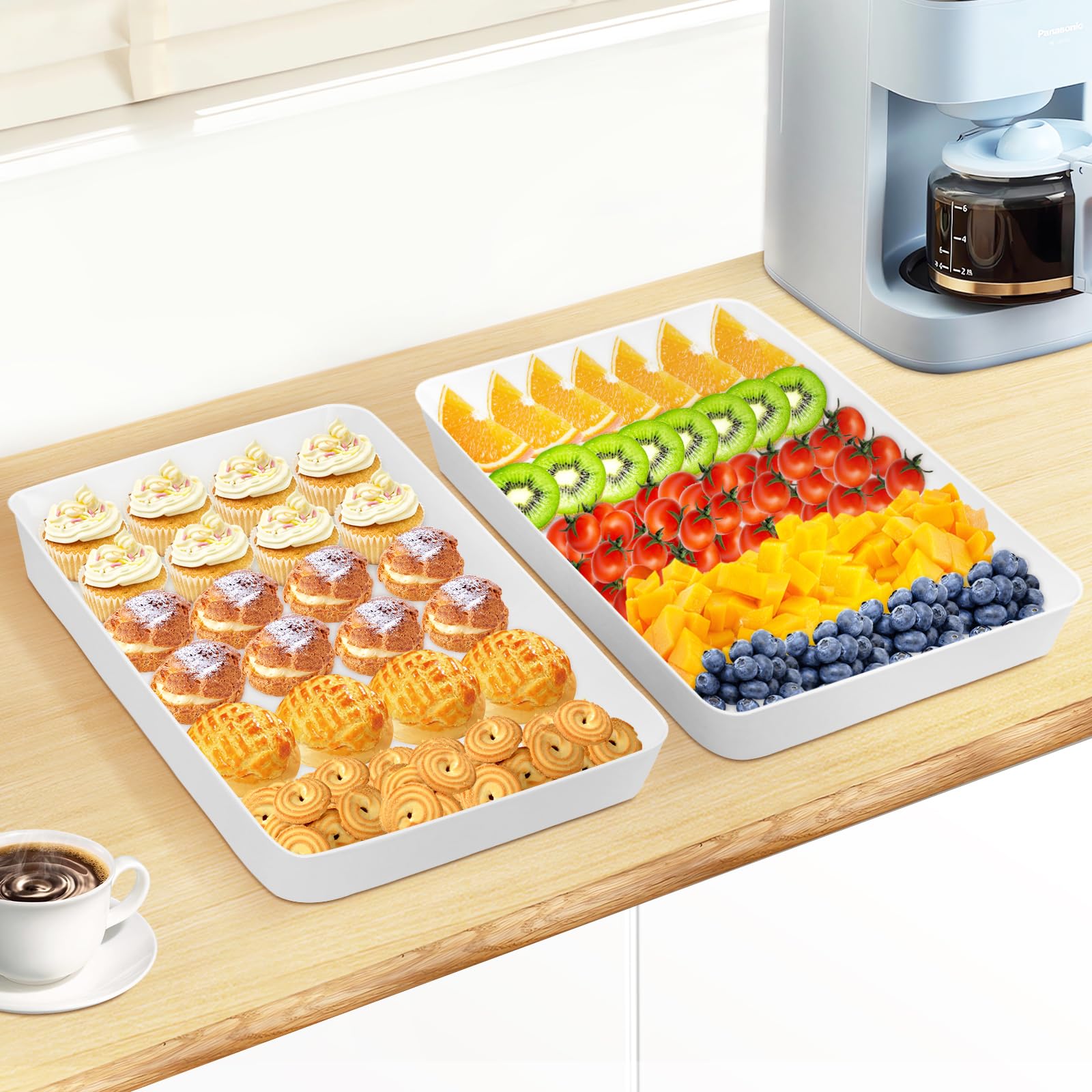 WOWBOX 4-Piece Plastic Serving Tray Set - Reusable Party Platters for Snacks, Fruits, Cookies & Desserts | Perfect for Kitchen Pantry Organization, Entertaining Guests & Home Parties | Durable Food Serving Trays for Indoor & Outdoor Use