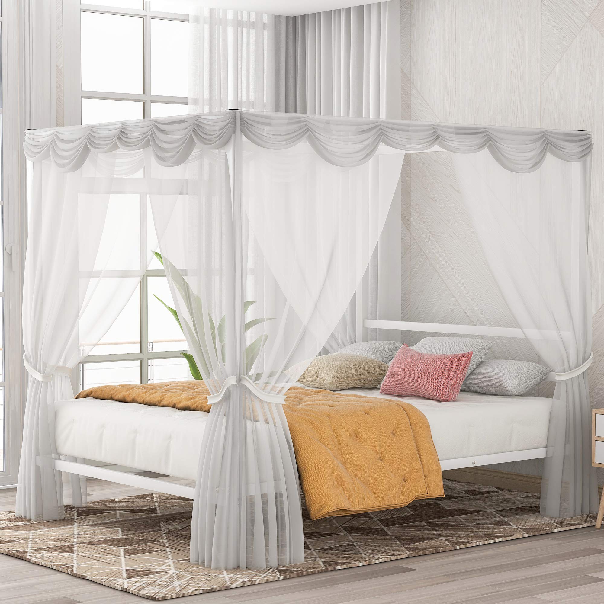 SOFTSEA Modern Queen Size Canopy Bed Frame - Metal Platform Bed with Built-in Headboard, Four Poster Design, No Box Spring Required (White) | Perfect for Bedroom, Guest Room, Master Suite & Bohemian Style Decor