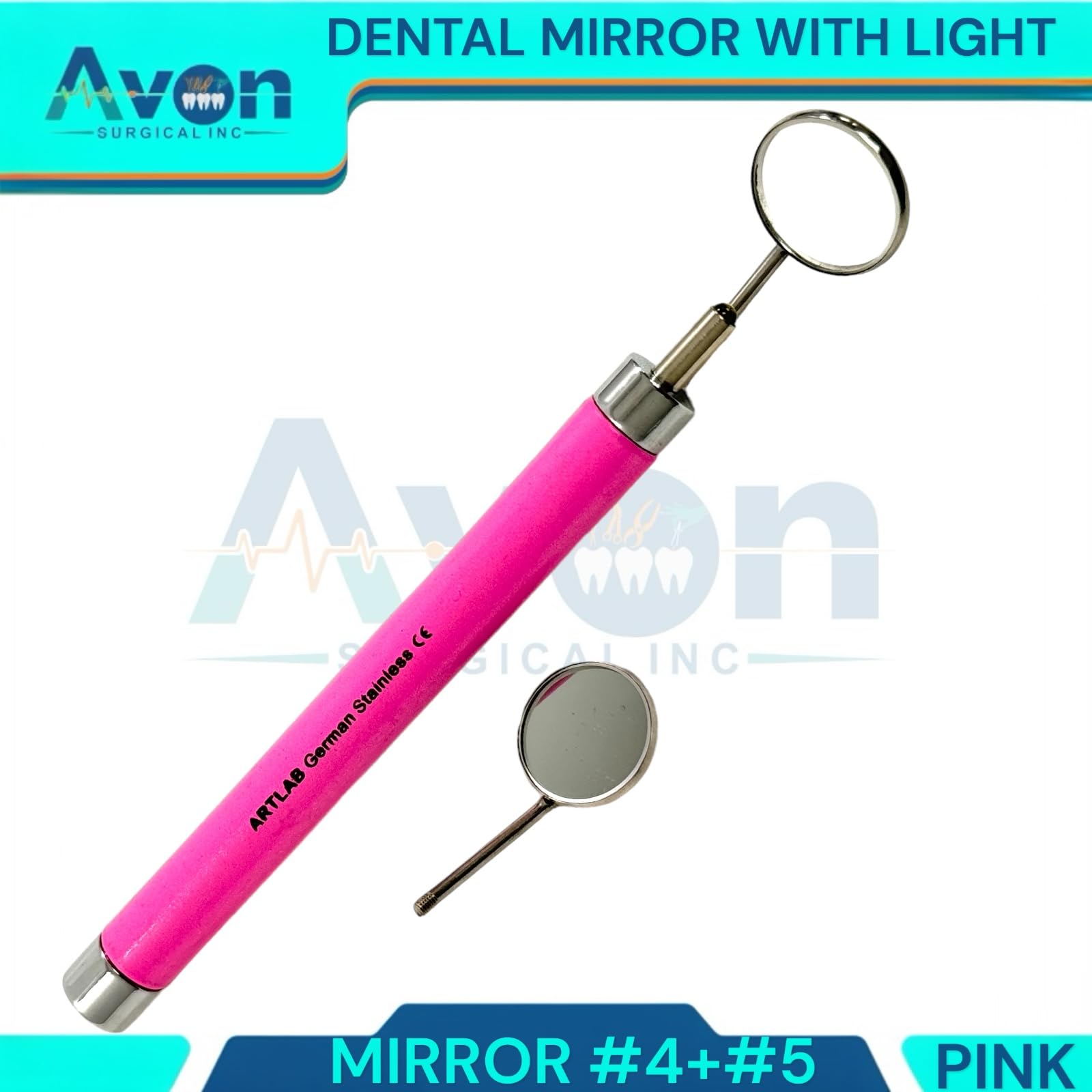 Pink Dental Examination Mirror with LED Light - #4 & #5 German Stainless Steel Teeth Inspection Tool for Dentists & Oral Care - Perfect for Dental Clinics, Home Use & Professional Teeth Cleaning