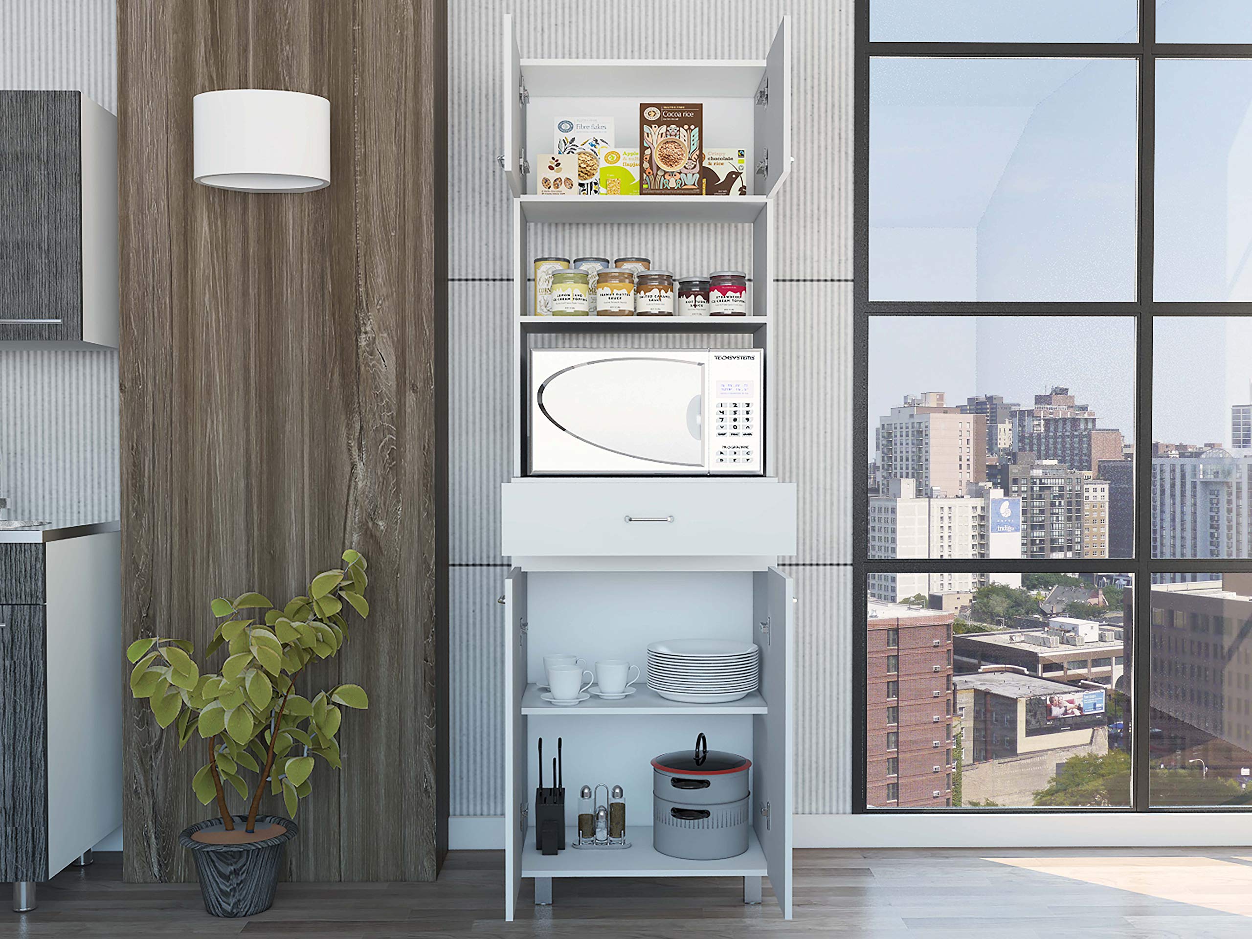 White Auburn Microwave Pantry Cabinet with 2 Storage Cabinets, 2 Open Shelves & Drawer - Perfect for Kitchen Organization & Small Space Storage