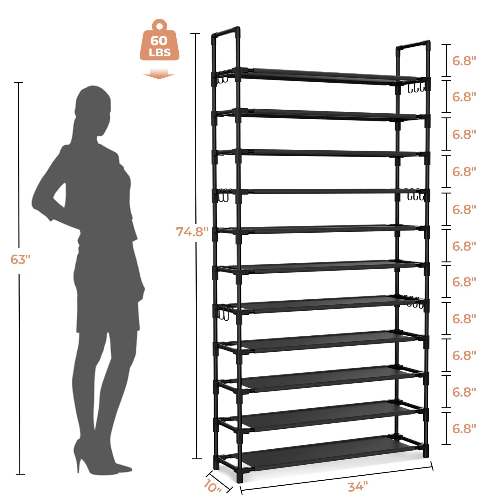 11-Tier Tall Shoe Rack Organizer - Holds 55 Pairs of Shoes with 18 Hooks - Sturdy Free Standing Metal Shoe Storage Shelf for Closet, Entryway, Bedroom - Space Saving Black Shoe Organizer for Home & Office Use