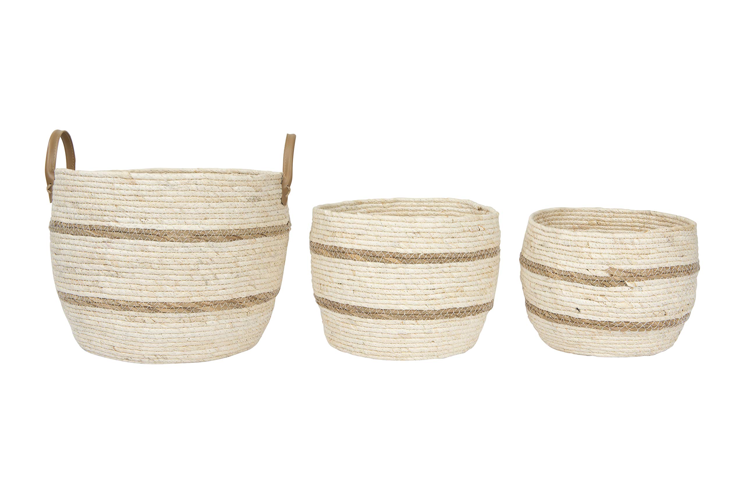 Creative Co-Op Set of 3 Beige & Brown Wicker Storage Baskets with Leather Handles - Small Medium Large Sizes for Home Organization, Bathroom, Bedroom & Office Decor