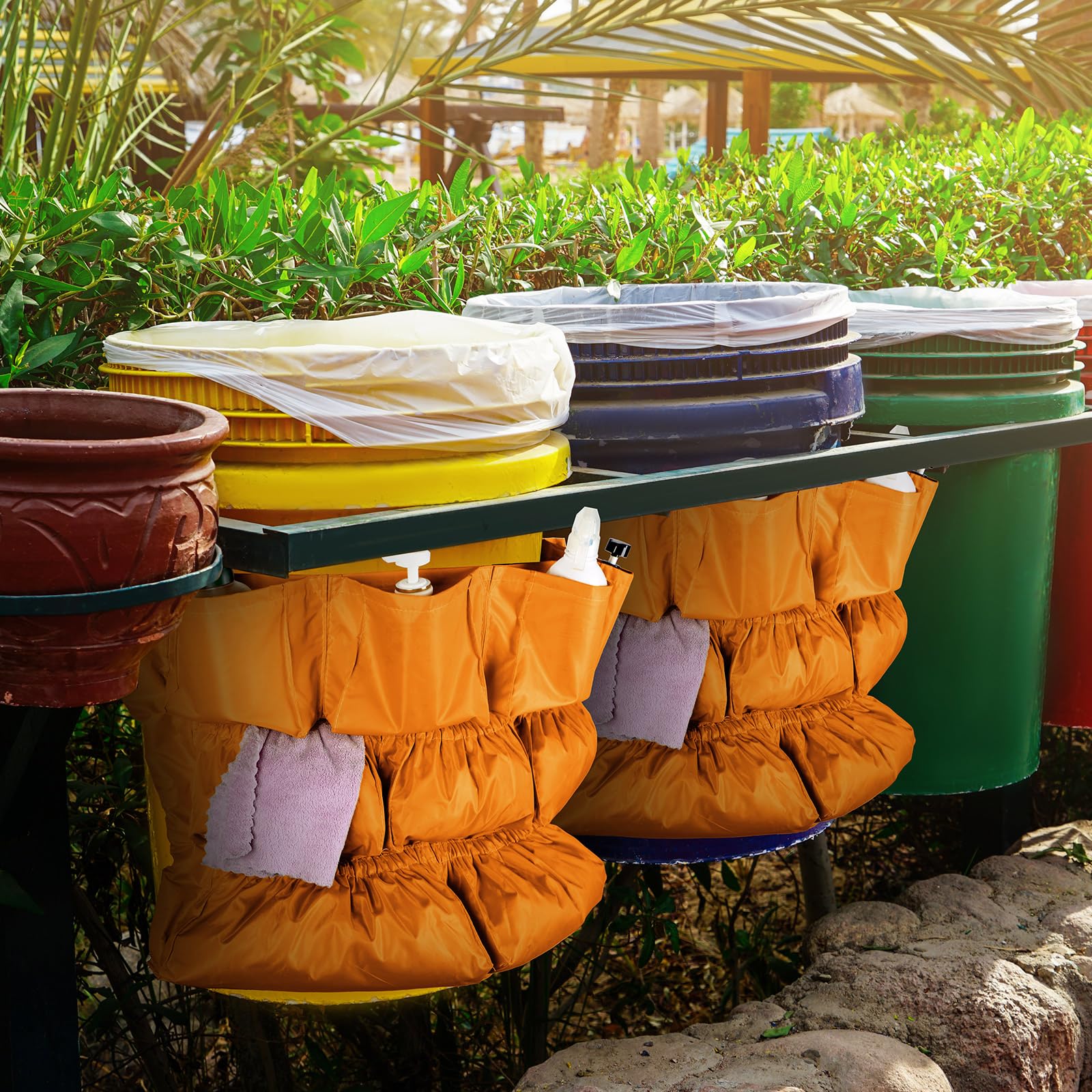 **4-Pack Yellow Trash Can Caddy Bags - Heavy Duty Garbage Bin Organizer for 32-50 Gallon Cans, Janitorial Cleaning Supplies Storage - Perfect for Home, Office & Commercial Use**