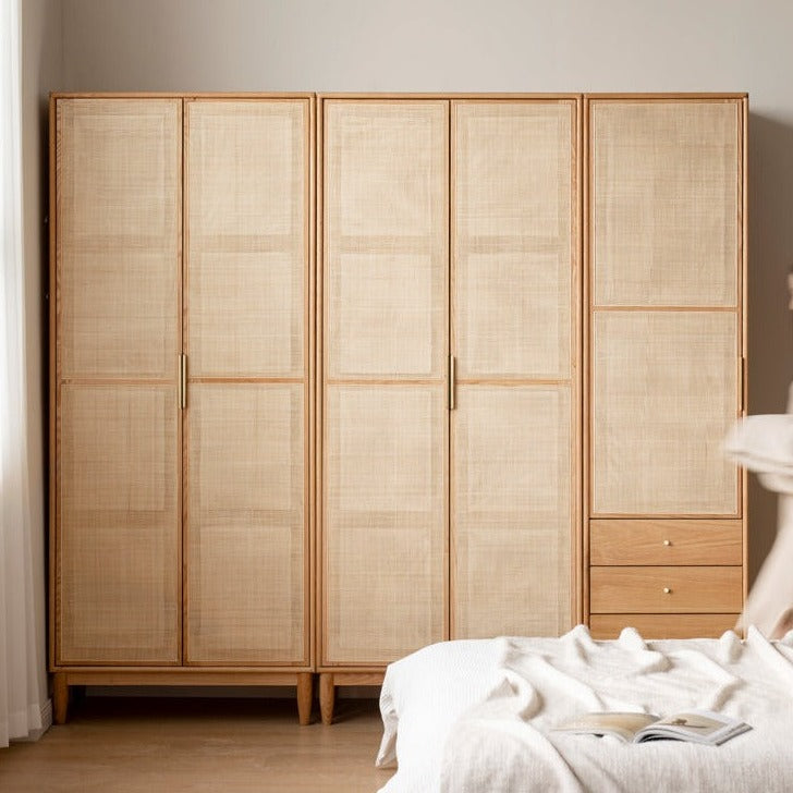Solid Oak Wood Rattan Wardrobe - Stylish Storage for Bedroom, Living Room & Closet Organization