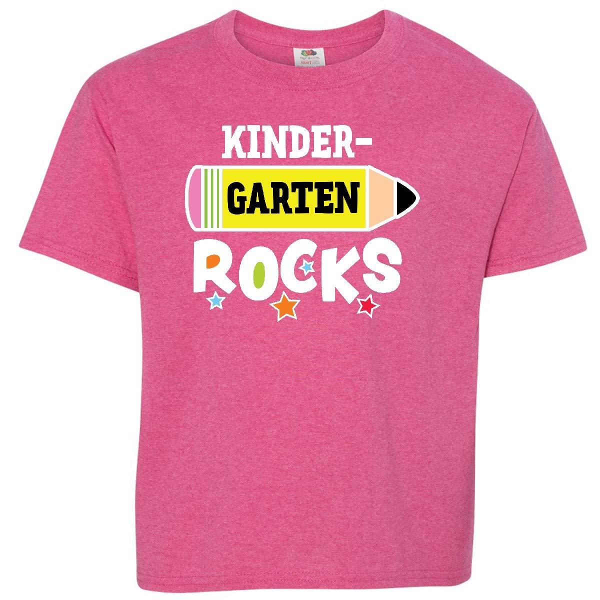 Inktastic Kindergarten Rocks with Pencil and Stars Youth T-Shirt - Cute Back to School Outfit for Kids, First Day of School Tee, Fun Classroom Apparel for Boys and Girls