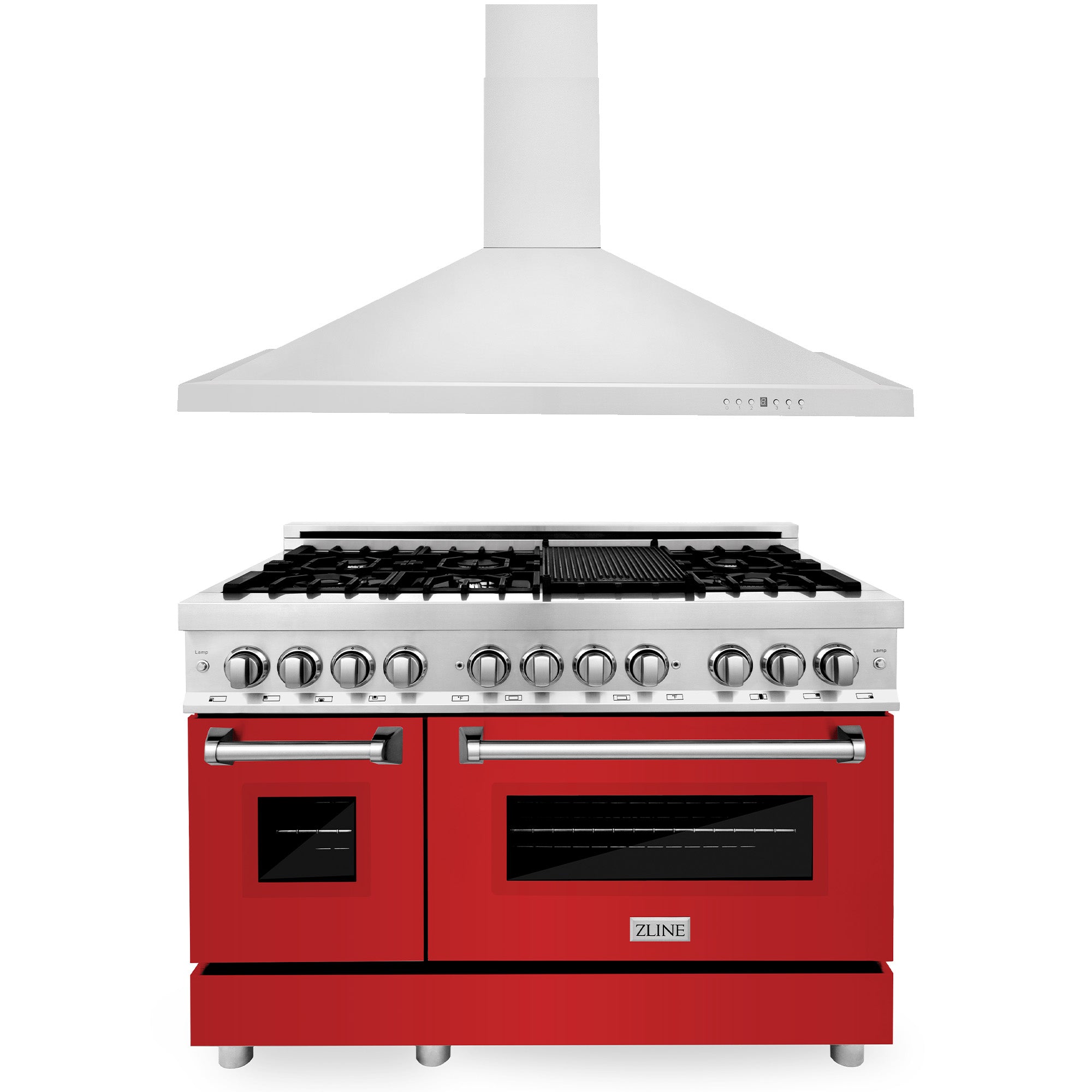 ZLINE 48-inch Stainless Steel Dual Fuel Range with Red Matte Door & Convertible Vent Hood - Professional Kitchen Package (2KP RARMRH48) | Perfect for Home Chefs & Modern Kitchens