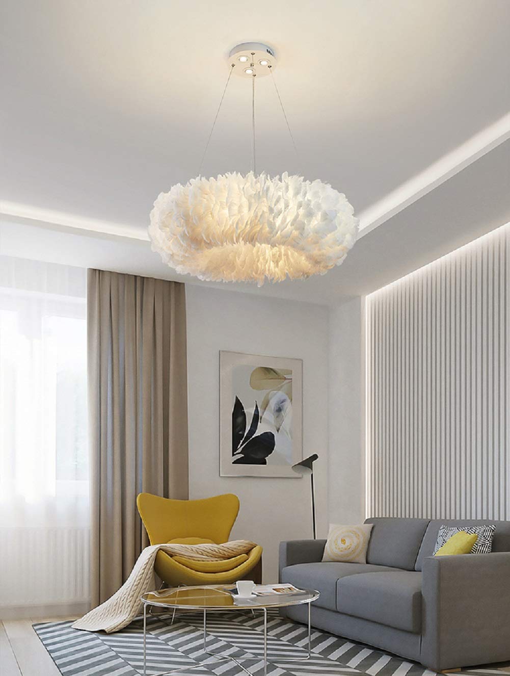 Modern White Feather Pendant Light - 8-Light Donut Shaped Chandelier (19.5