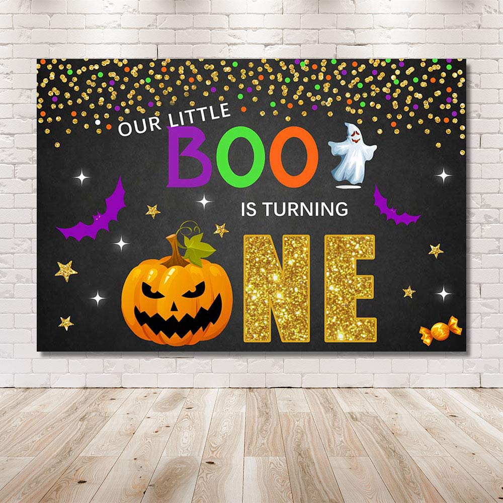 Happy 1st Birthday Halloween Thanksgiving Party Backdrop - 7x5ft Black Gold Purple Pumpkin Dots Photo Background Banner with Confetti for Cake Table Decorations | Perfect for Baby's First Birthday, Halloween Celebrations & Thanksgiving Party Decor