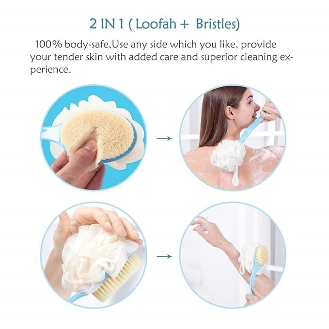 Riziya Brother 2 in 1 Bath Body Brush with Soft Loofah & Bristles - Long Handle Back Scrubber for Wet or Dry Skin - Exfoliating Shower Brush for Women & Men (Pack of 1) - Perfect for Deep Cleansing & Spa-Like Experience