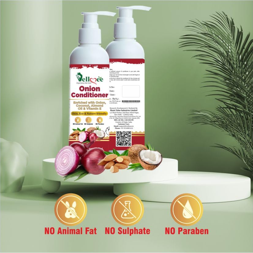 WELLMEE Onion Hair Conditioner for Hair Repair & Hair Loss Control - Infused with Plant Keratin, Black Seed Oil & Vitamin E - 200ml - Promotes Stronger, Healthier Hair for Daily Use & Damaged Hair Care