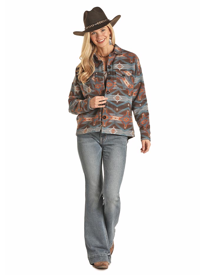 Panhandle 52 2048 Juniors Aztec Print Boyfriend Fit Shirt Jacket Brown | Stylish Casual Outerwear for Teens | Perfect for School, Shopping & Weekend Outings