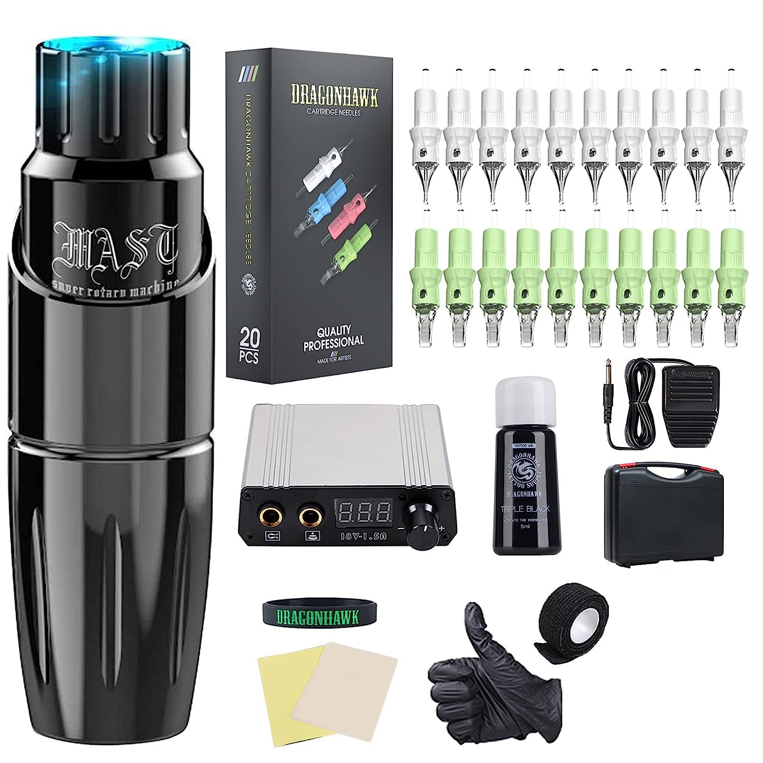 Dragonhawk Complete Rotary Tattoo Pen Machine Kit - Professional Permanent Makeup Equipment with 20 Cartridges, Needles, Power Supply & Color Inks for Tattoo Artists & Studio Use - Ideal for Mast Tour, Eyebrow Microblading, and Body Art Tattooing