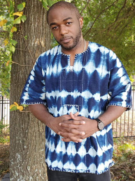 Authentic Blue Bogolanfini Mud Cloth Dashiki DP4013 - Handmade African Print Shirt for Men & Women - Perfect for Cultural Events, Festivals, and Boho Fashion