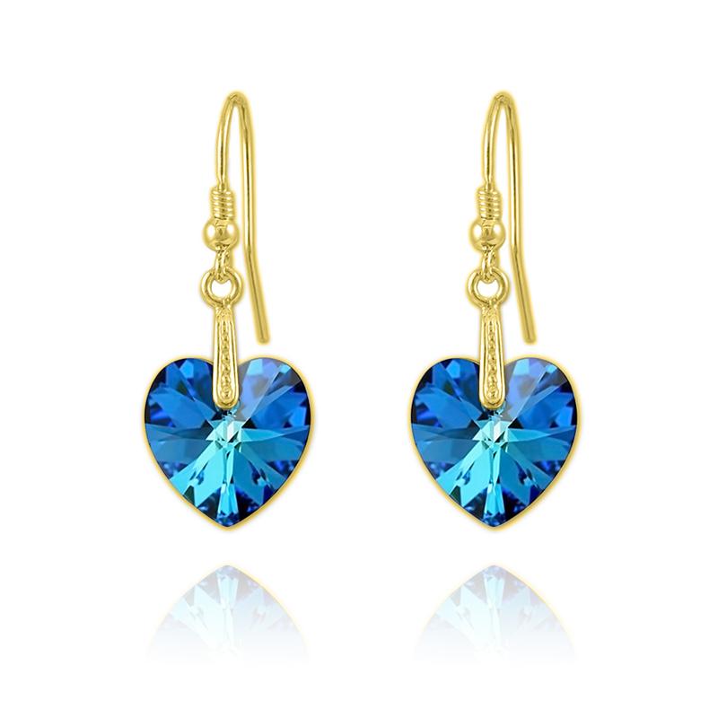 24K Gold Plated Silver Drop Earrings with Blue Crystal Hearts - Elegant Dangle Jewelry for Women, Perfect for Weddings, Parties & Special Occasions