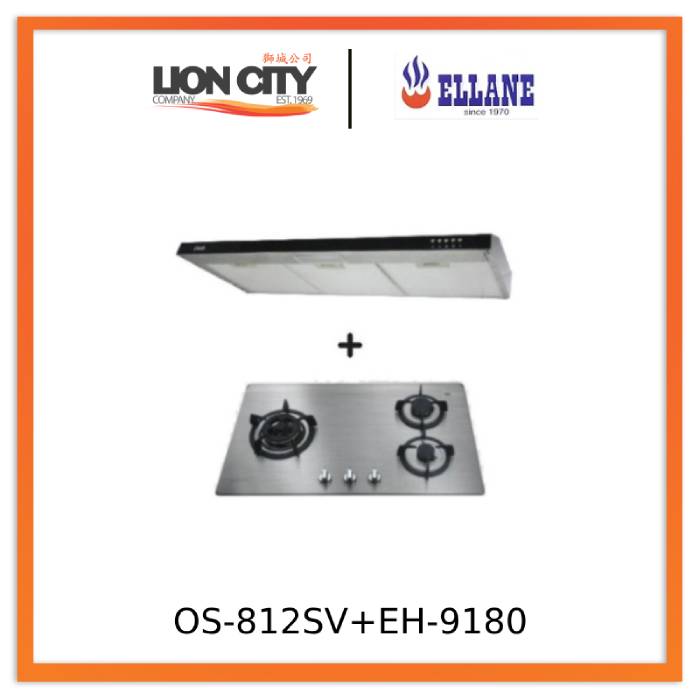 Ellane 60cm/90cm Slimline Hood with Black Panel EH 9180 + Ellane OS 812SV 86cm 3 Burner Gas Cooker - Modern Kitchen Ventilation & Cooking Combo for Home Chefs