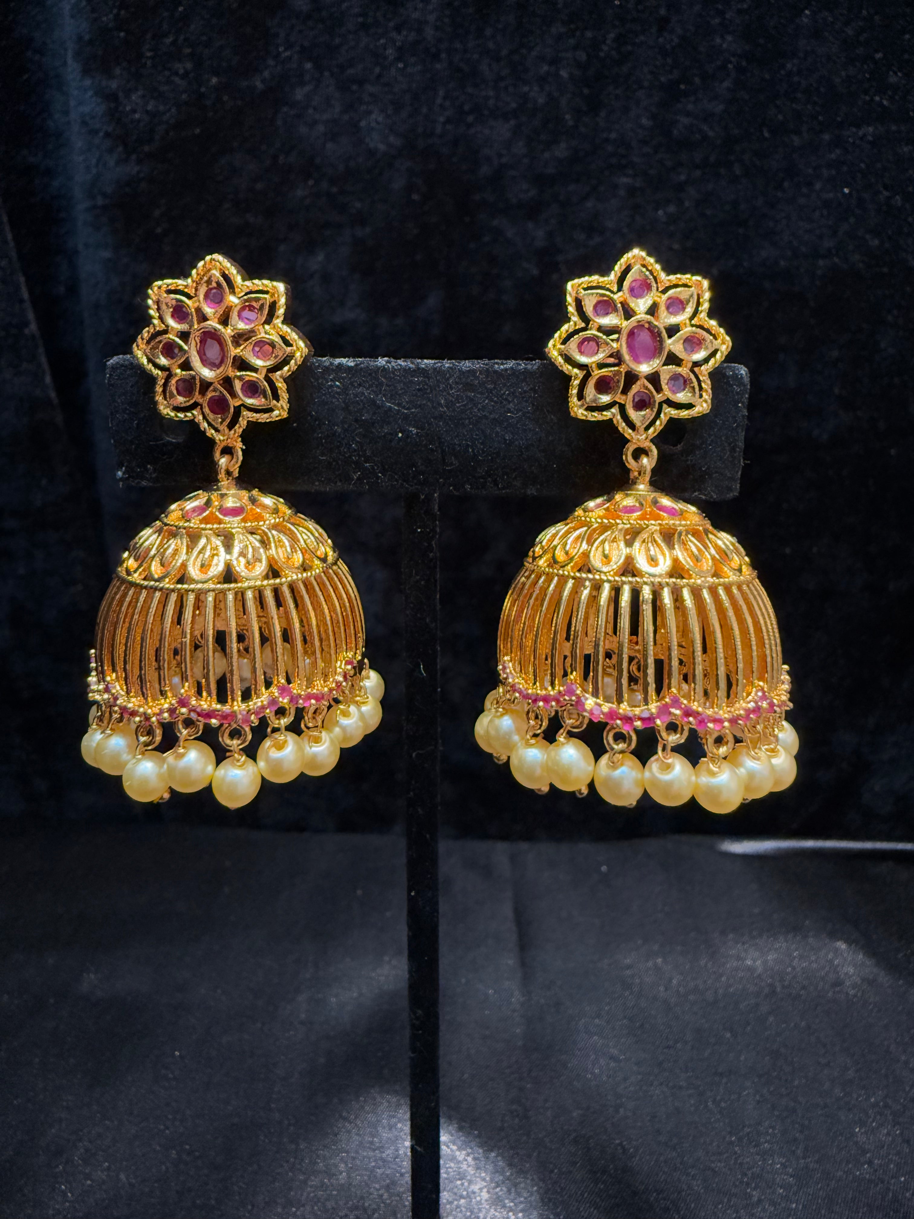 Elegant Gold Plated Designer Jhumka Earrings with Pink Stone and Pearl Drop - Perfect for Weddings, Parties & Festive Occasions