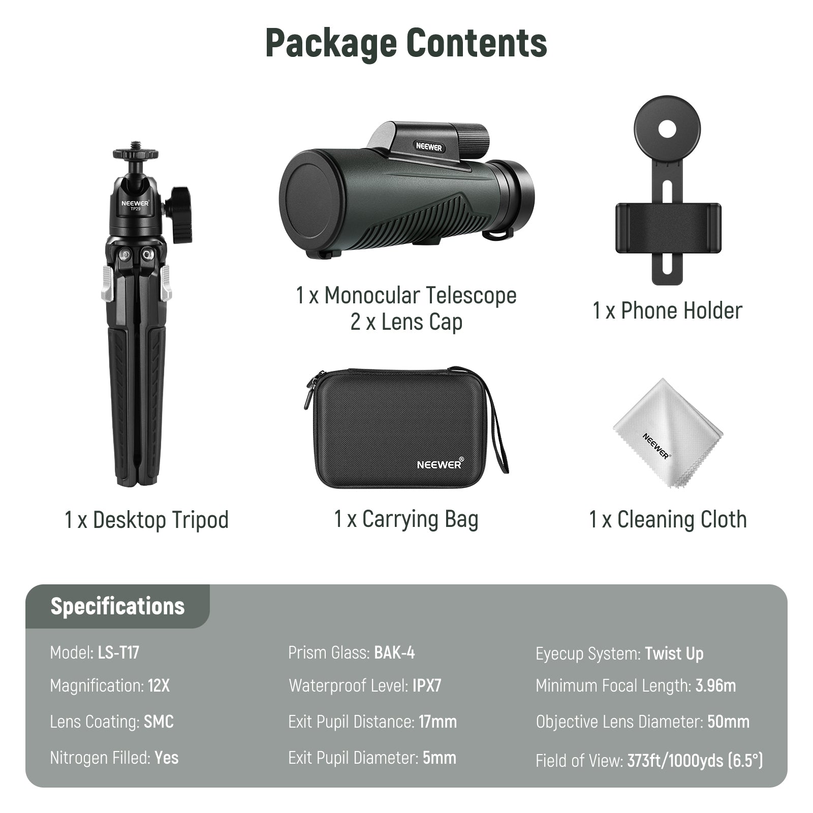 NEEWER 12x50 ED Monocular Telescope with Smartphone Adapter - High Power Compact Monocular for Bird Watching, Hunting, Hiking & Travel - Waterproof & Fogproof Design
