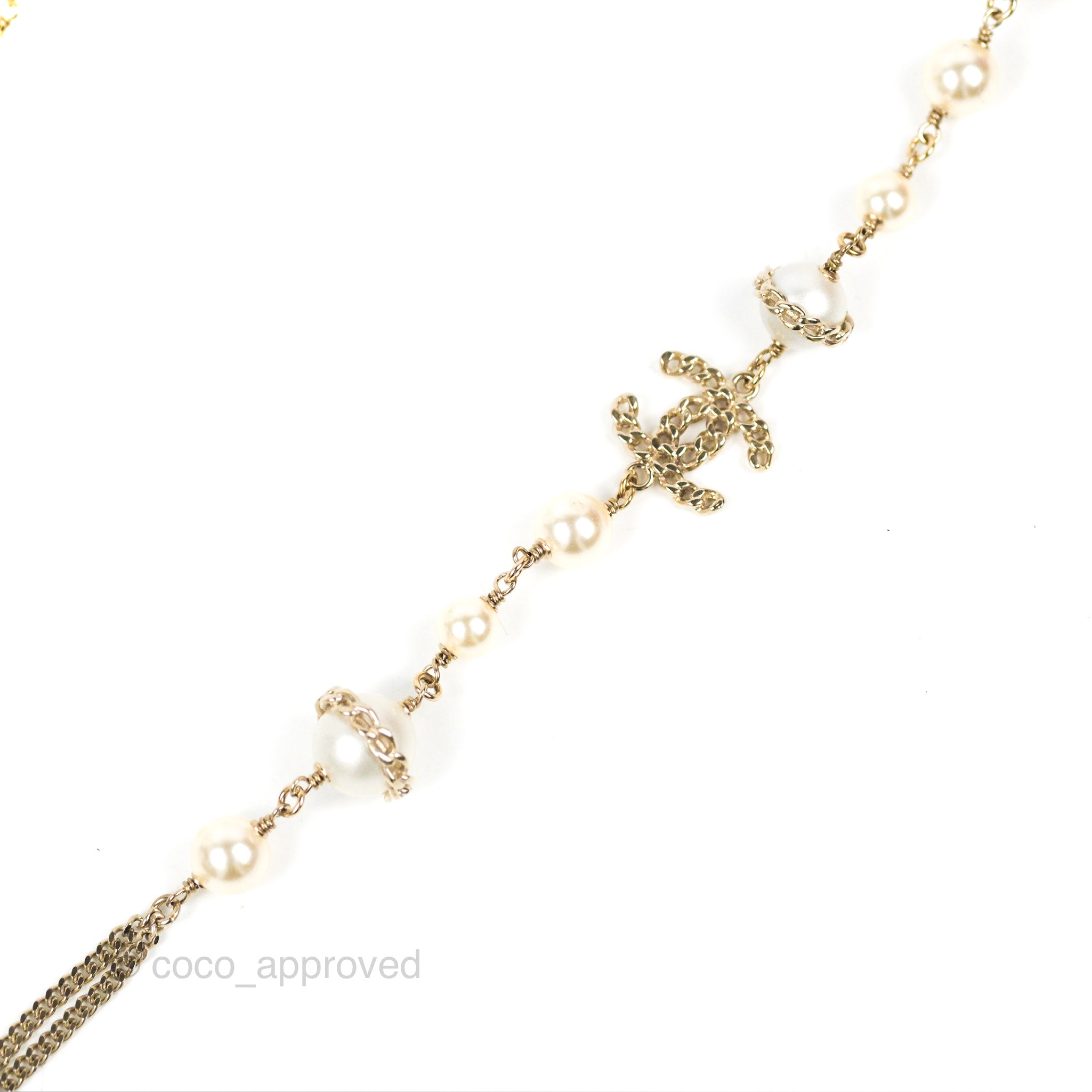 Chanel CC Pearl Chain Long Necklace in Gold Tone - Elegant 16B Design for Women | Perfect for Evening Parties, Weddings & Special Occasions