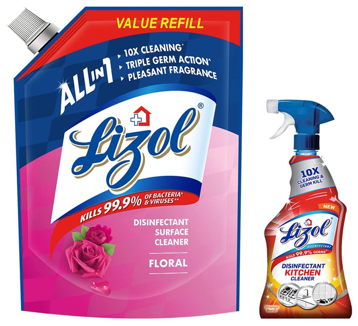 Lizol Disinfectant Surface & Floor Cleaner Liquid Refill Pack (1800ml) & Kitchen Cleaner Spray (450ml) - Floral Scent | Kills 99.9% Germs | For Home, Kitchen, Bathroom & Office Cleaning