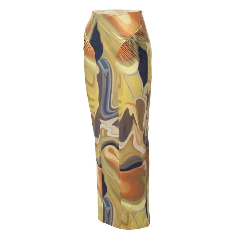 Vintage 2000s Aesthetic Abstract Yellow Printed High Waisted Long Skirts for Women - Retro Fashion Bottoms P85 BD18 | Perfect for Boho Chic Outfits, Casual Wear & Festival Style