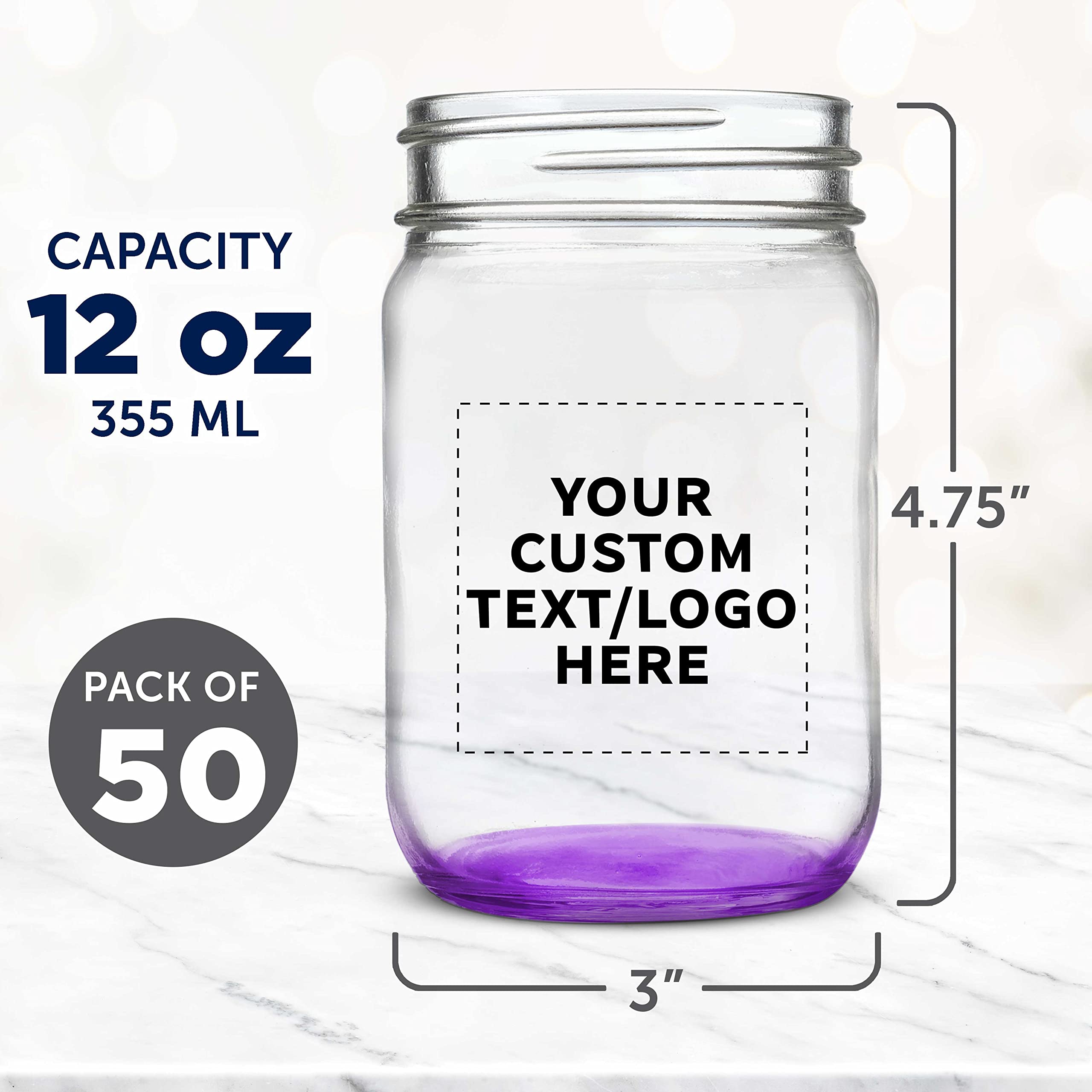50-Pack 12 oz Custom Mason Jars Bulk Set - Personalized Purple Glass Jars for Overnight Oats, Candies, Pickling, Spices & Beverages - Perfect for DIY Crafts, Wedding Favors, Party Decor & Kitchen Storage