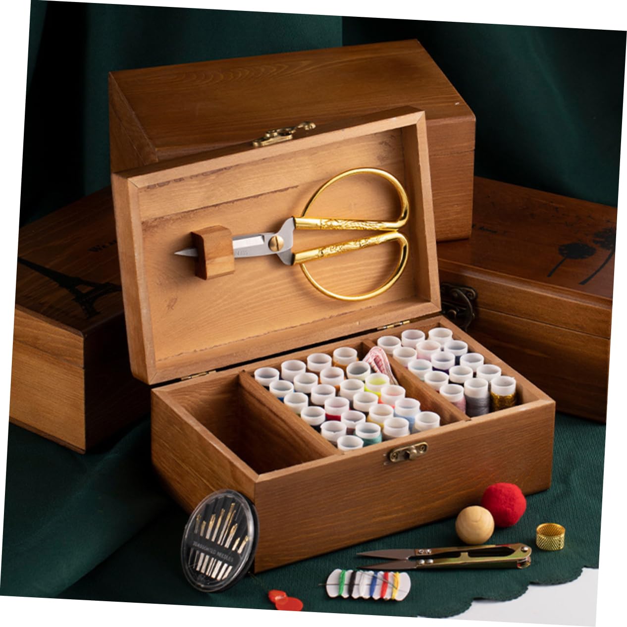 IWOWHERO Wooden Sewing Kit with Cover - Needle Storage Basket, Pin Cushion & Wooden Needle Case - Perfect for Organizing Sewing Supplies, Embroidery Tools & Craft Accessories at Home or Studio