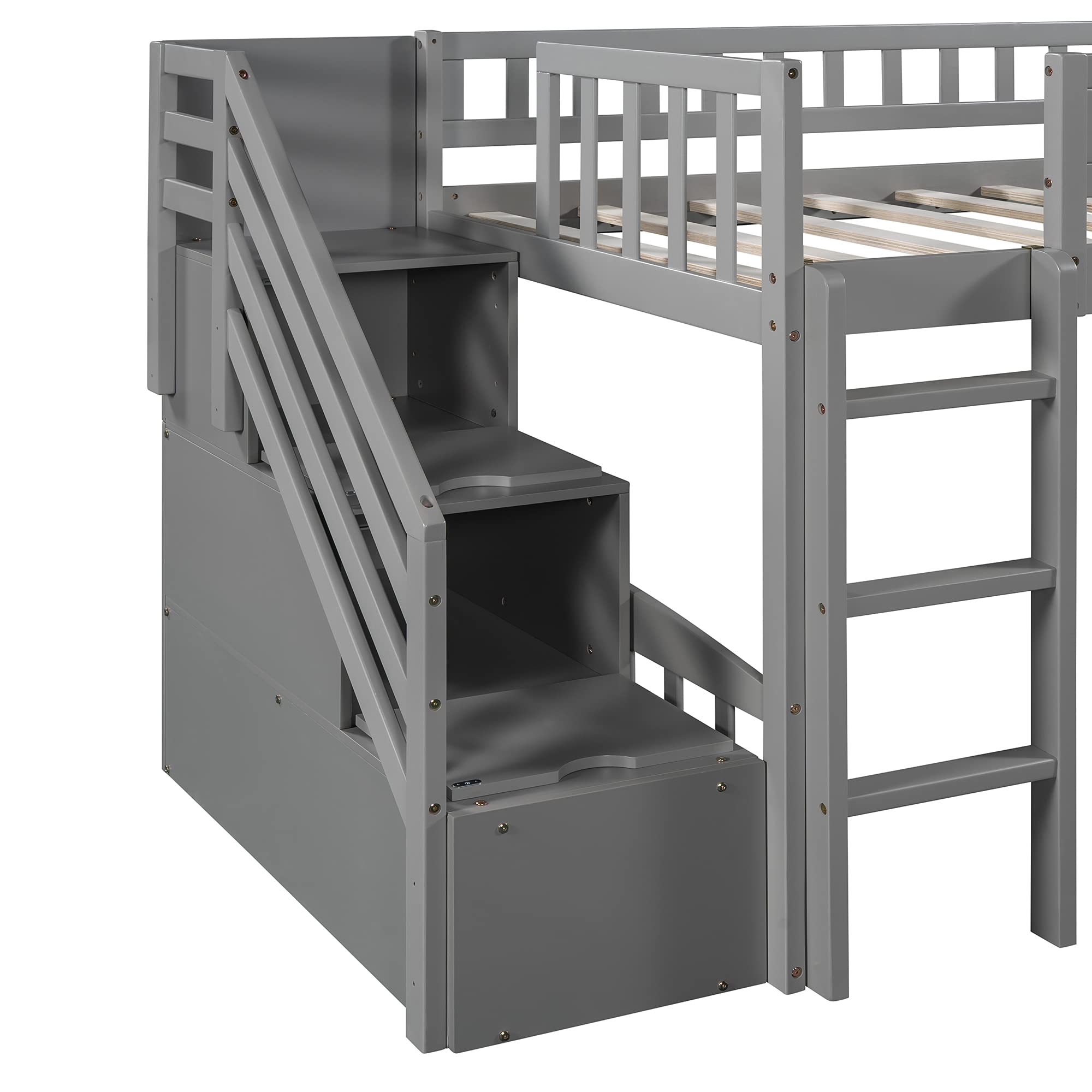 Harper & Bright Designs Twin Size Wooden Loft Bed with Slide, Stairway & Storage - Low Bunk Bed for Kids, Girls & Boys (Gray) - Perfect for Small Bedrooms, Playrooms & Kids' Spaces