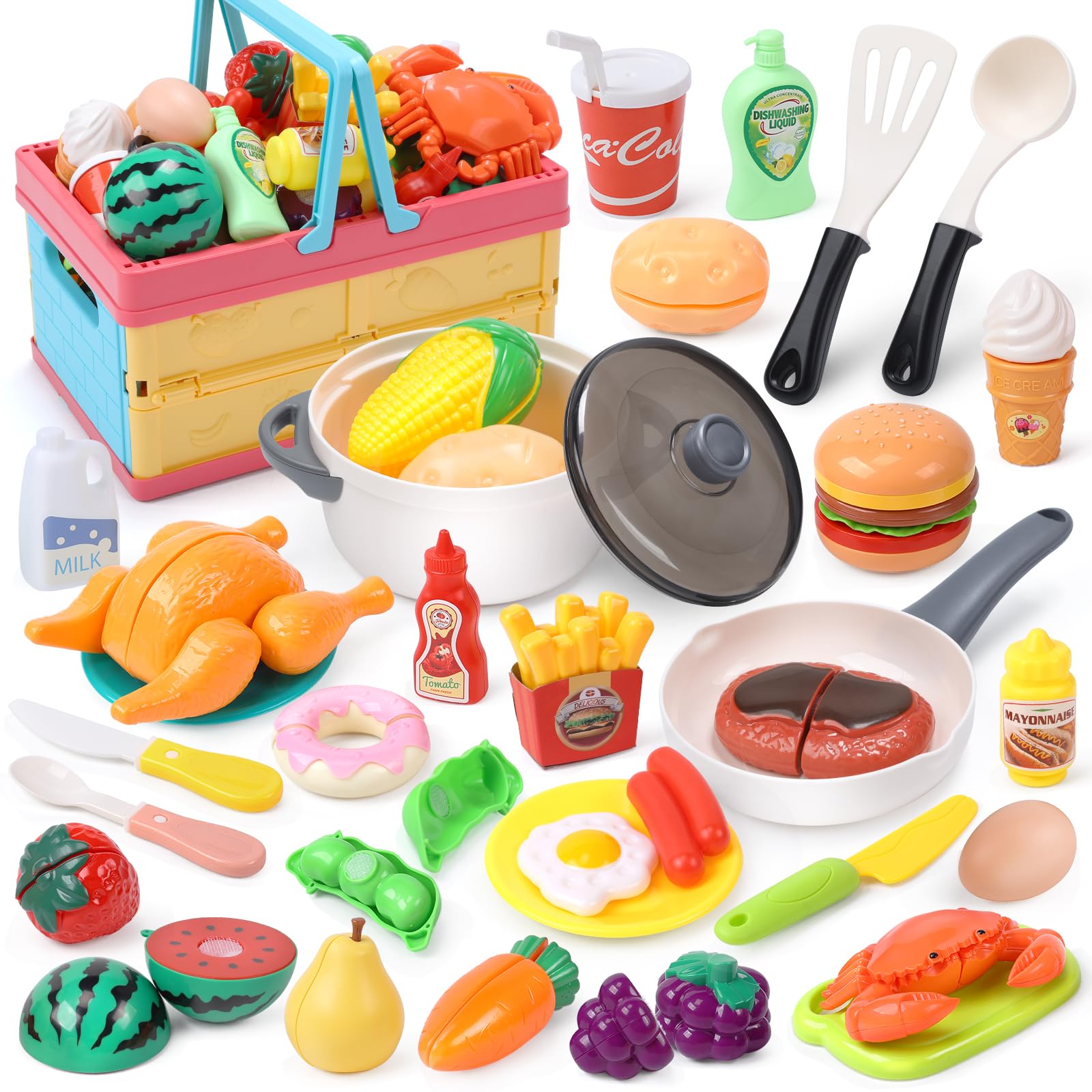 HOLYFUN Kids Kitchen Play Food Toy Set - 30-Piece Pretend Cutting Fruits & Vegetables, Pots, Pans & Plastic Dishes - Educational Pretend Play for Toddlers & Preschoolers (Boys & Girls) - Perfect for Role Play, Birthday Gifts & Early Learning Activities