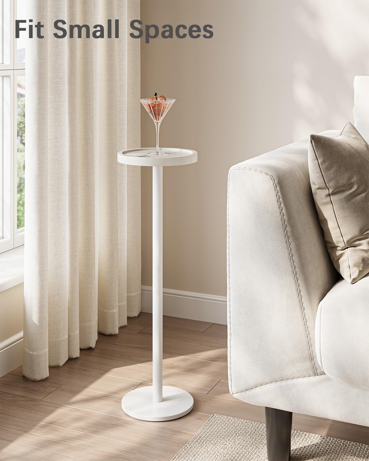 White Faux Marble Round Cocktail Table with Metal Base - Small Pedestal Side Table for Living Room, Bedroom, or Office - Perfect Drink Table for Compact Spaces & Home Decor