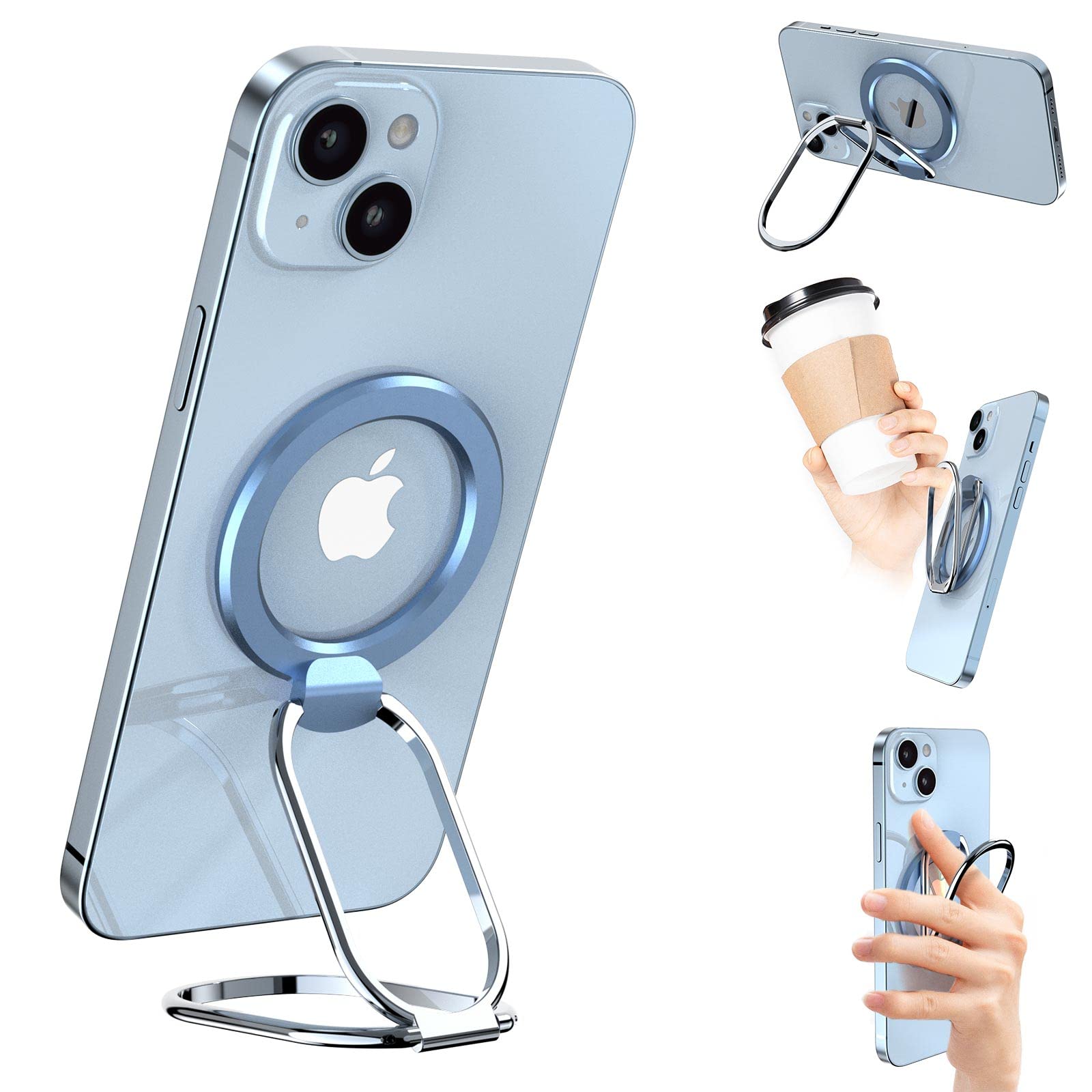 Magnetic Phone Ring Holder for iPhone 14/13/12 - Adjustable Kickstand & Grip (Blue) - Perfect for Hands-Free Viewing