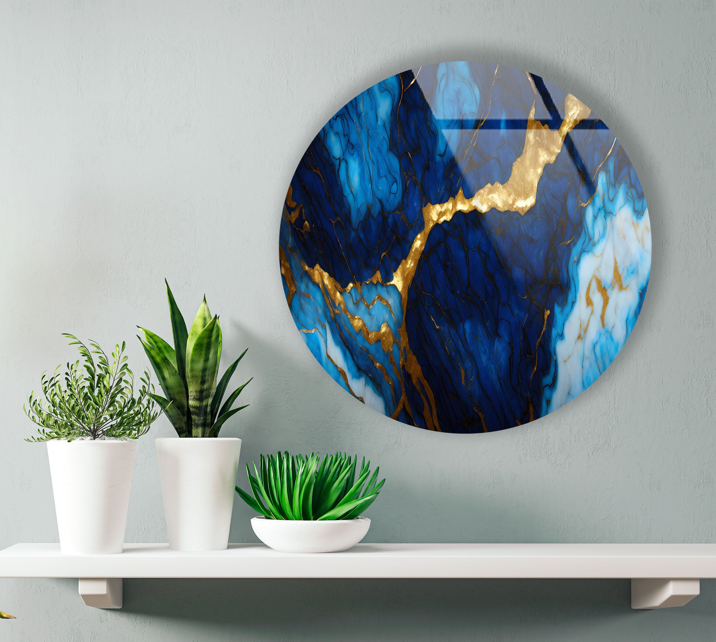 Blue and Gold Marble Wall Art - Elegant Glass Print with Rich Veins & Deep Texture | Modern Luxury Home Decor for Living Room, Bedroom & Office