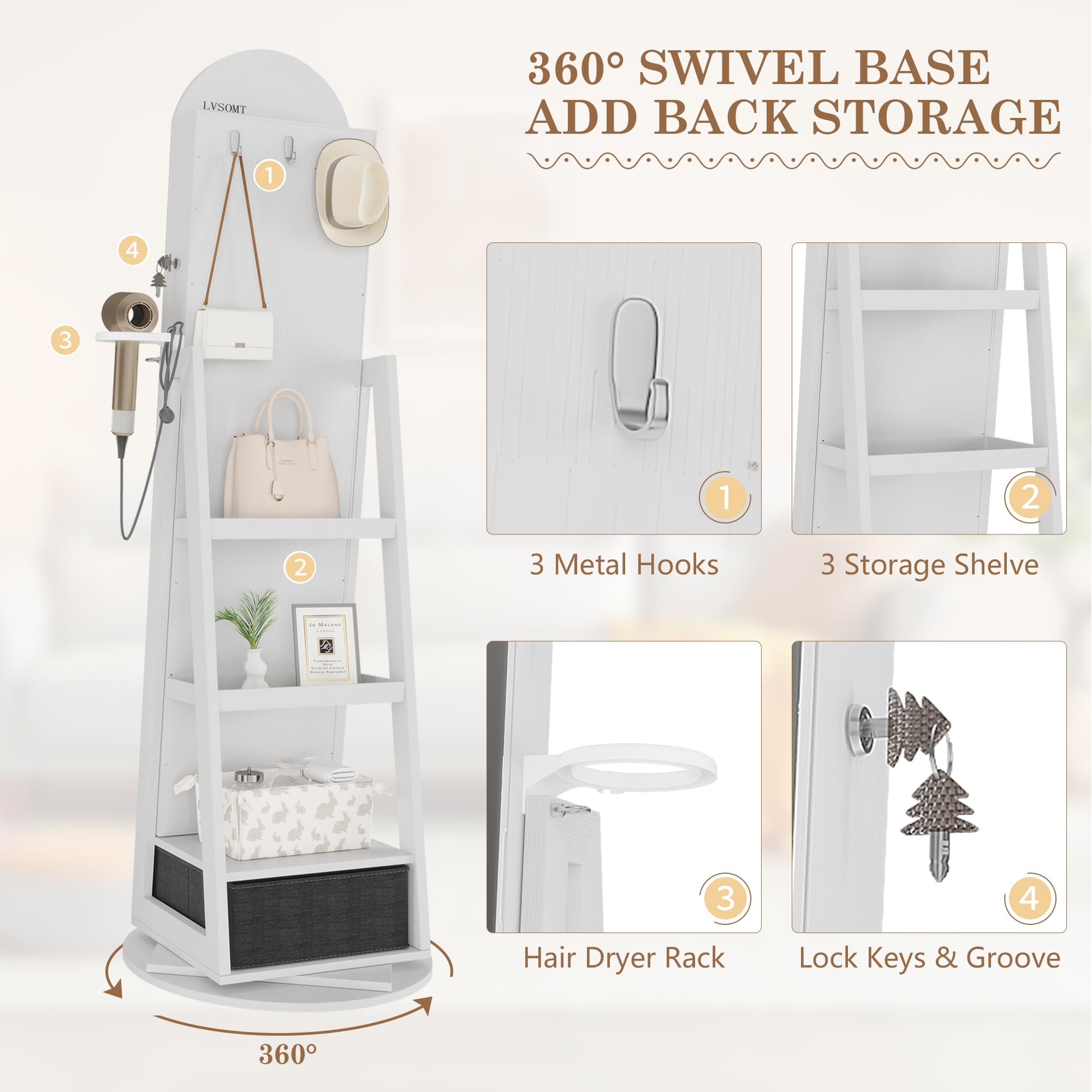 360° Swivel Arched Jewelry Mirror Cabinet with LED Lights - 64