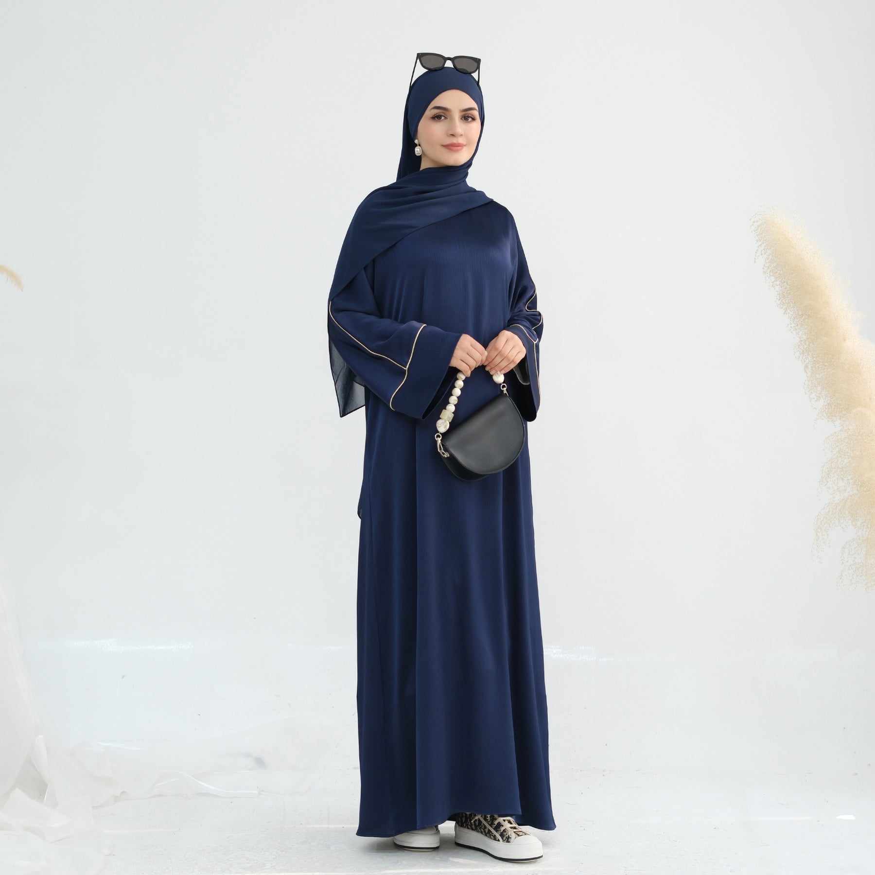 Stylish Ayana Textured Piping Detail Abaya Dress in Blue - Perfect for Modest Fashion, Prayer Outfits & Special Occasions