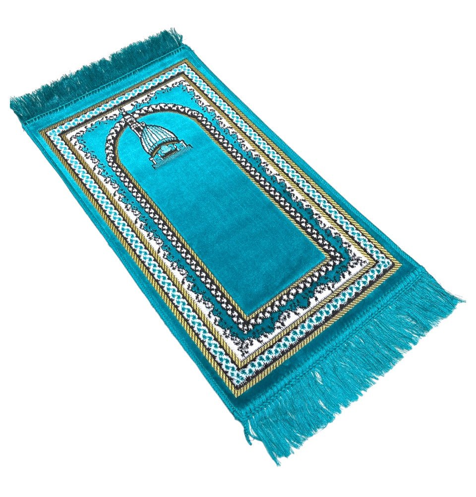 Premium Child Velvet Islamic Prayer Rug with Mosque Dome Design in Turquoise - Perfect for Kids' Salah, Home Worship & Mosque Use