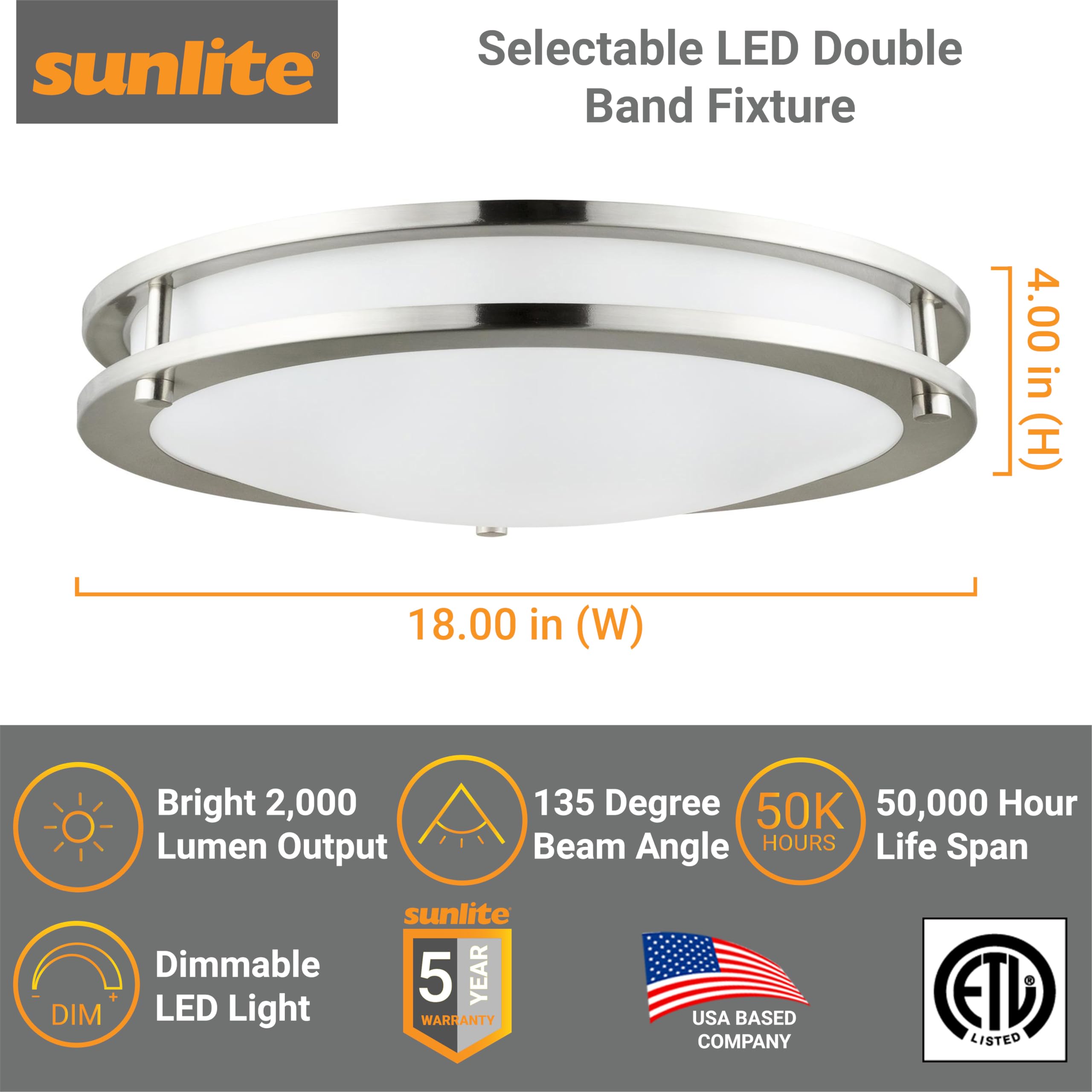 Sunlite 87773 18-Inch LED Flush Mount Ceiling Light Fixture - 28W (100W Equivalent), 2000 Lumens, Adjustable CCT 2700K-5000K, Dimmable, 50K Hours Lifespan, Brushed Nickel - Perfect for Bedroom, Kitchen, Hallway & Office Lighting