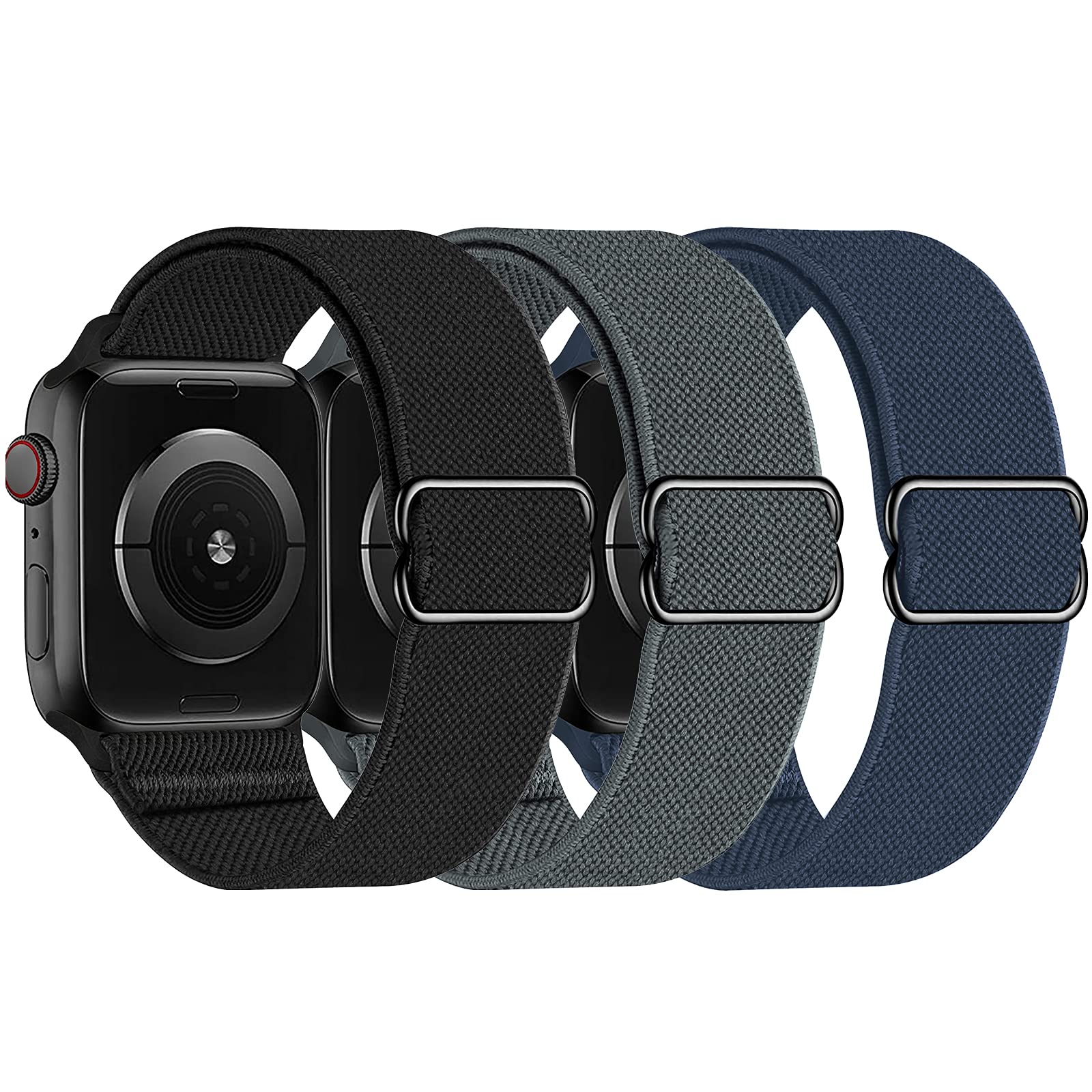 Stretchy Nylon Solo Loop Bands for Apple Watch 45mm 44mm 42mm 41mm 40mm 38mm - Adjustable Braided Sport Strap Compatible with iWatch Series 8/7/6/5/4/3/2/1/SE - 3 Pack - Perfect for Workouts, Running & Everyday Wear