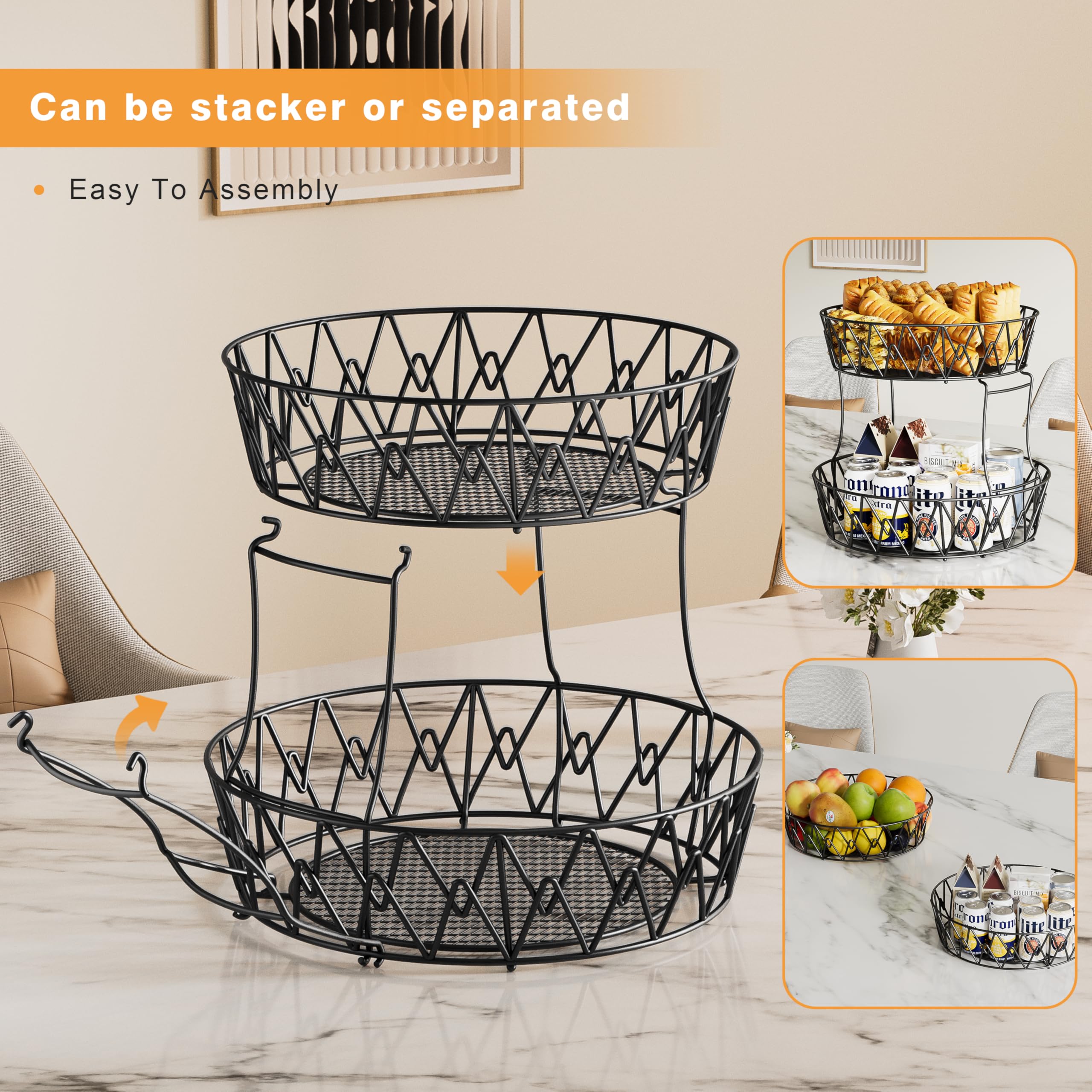 2-Tier Stackable Metal Wire Fruit Basket for Kitchen Counter - Round Corner Fruit & Vegetable Holder for Fruits, Veggies, Snacks, Onions - Perfect for Small Kitchen Spaces & Countertop Organization