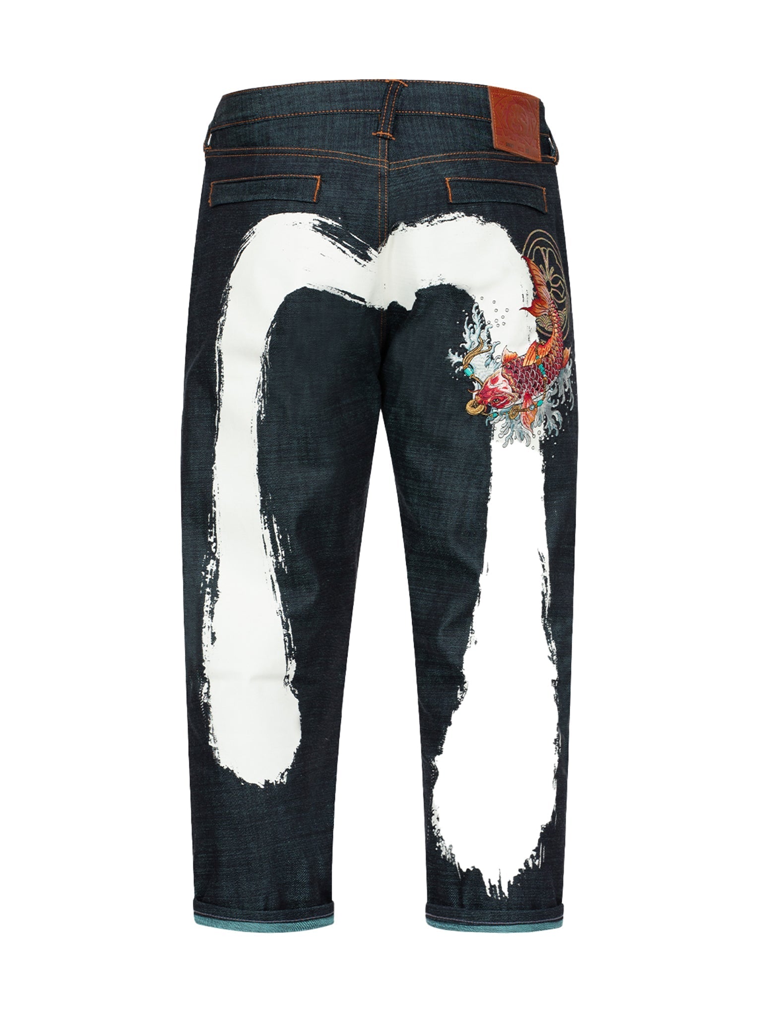 Stylish Koi Embroidery & Brushstroke Daicock Print Cropped Jeans for Women - Trendy High Waisted Denim Pants for Casual Wear, Street Fashion, and Night Out